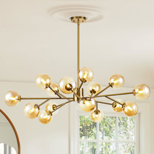 15-Light Modern Linear Sputnik Kitchen Island Light Branch Cluster Glass Globe Bubble Chandelier