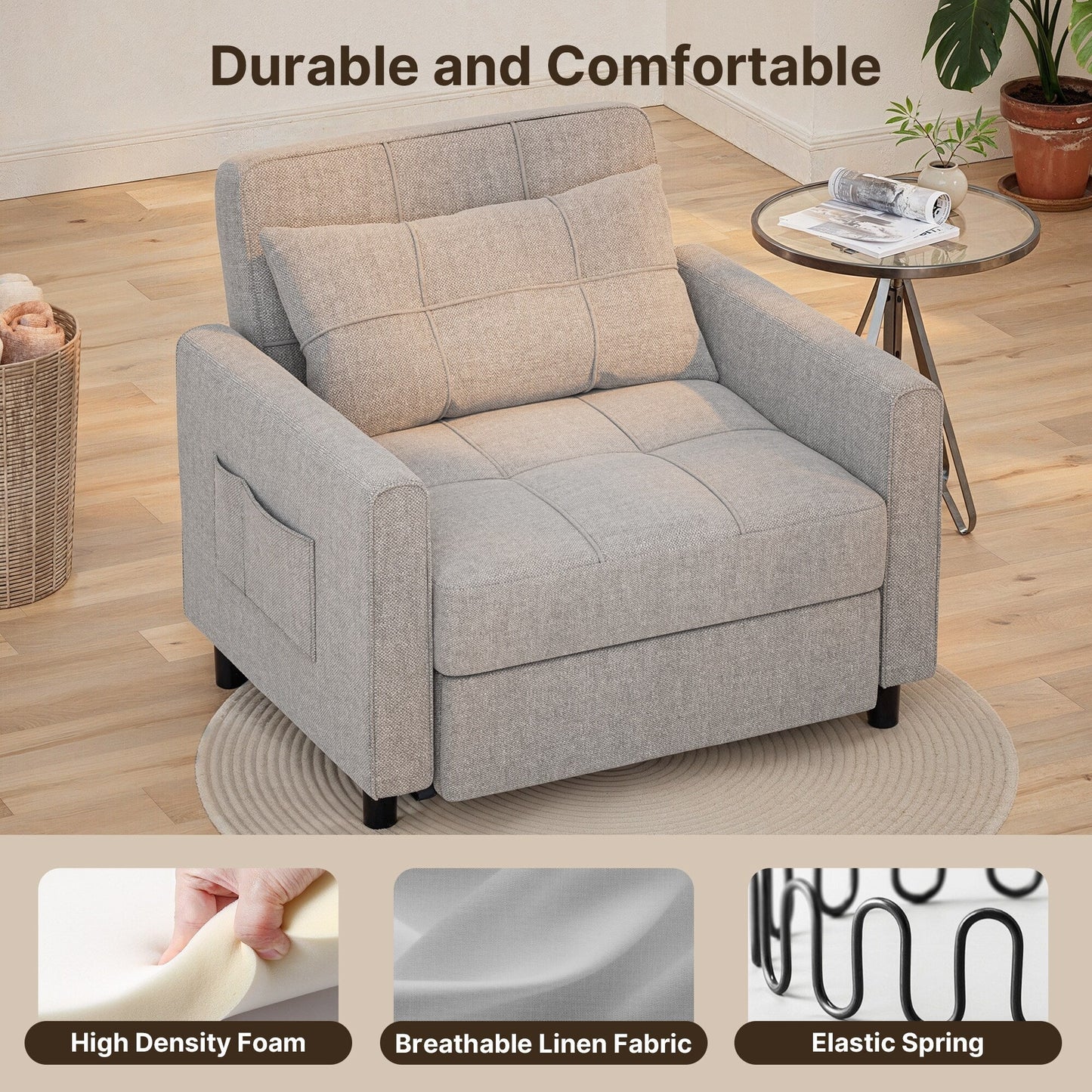 3-in-1 Pull-Out Sofa Bed Sleeper Chair , Convertible Adjustable Foldable Upholstered Lounge Couch