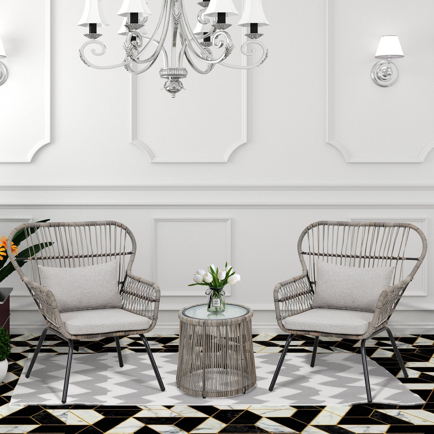 3 Piece Outdoor Wicker Conversation Bistro Set, All-Weather Rattan Furniture Patio Chairs Set with Cushions