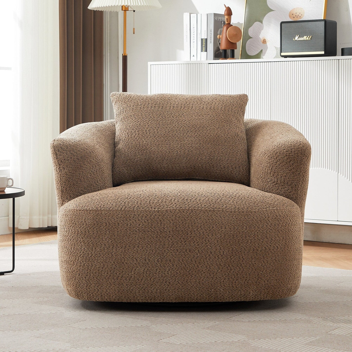 360¡ã Swivel Chair, 38.2 Boucle Accent Chair with Throw Pillow, Upholstered Barrel Sofa Chair with Curved Armrests
