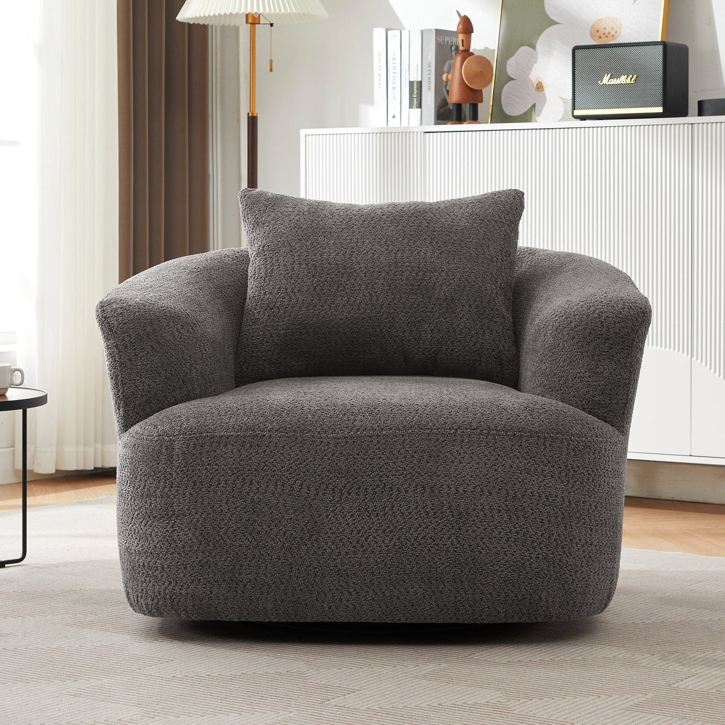 360¡ã Swivel Chair, 38.2 Boucle Accent Chair with Throw Pillow, Upholstered Barrel Sofa Chair with Curved Armrests