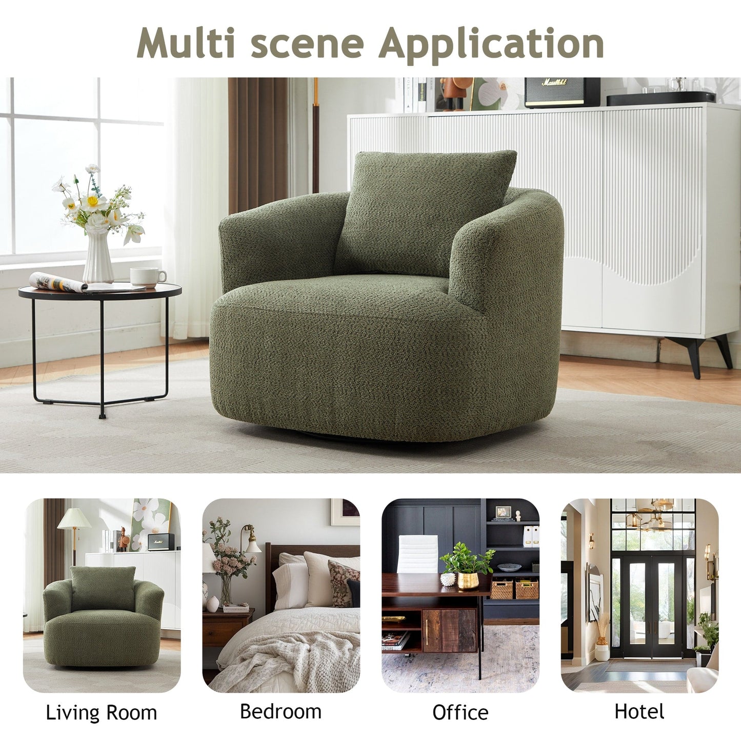 360¡ã Swivel Chair, 38.2 Boucle Accent Chair with Throw Pillow, Upholstered Barrel Sofa Chair with Curved Armrests