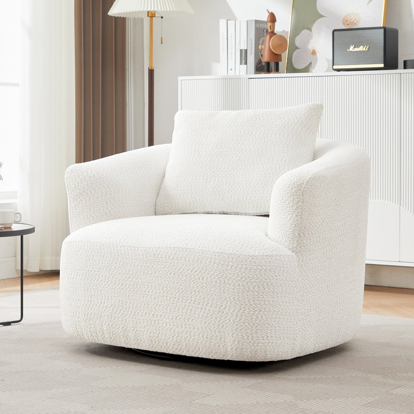 360¡ã Swivel Chair, 38.2 Boucle Accent Chair with Throw Pillow, Upholstered Barrel Sofa Chair with Curved Armrests
