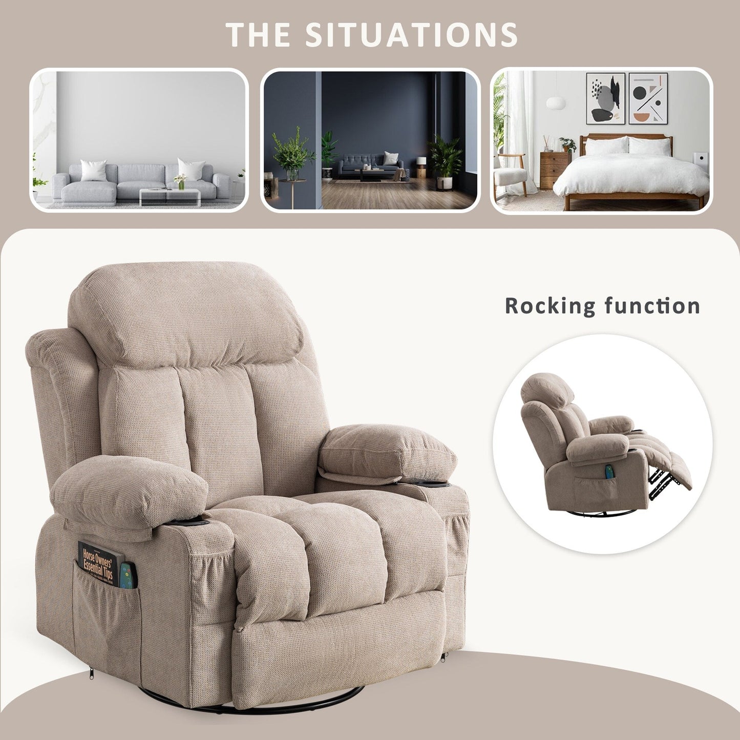 360¡ã Swivel Recliner Chair with Massage, Heat, USB, and Cup Holders