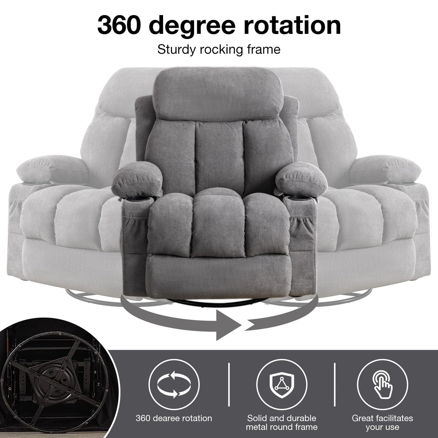 360¡ã Swivel Recliner Chair with Massage, Heat, USB, and Cup Holders