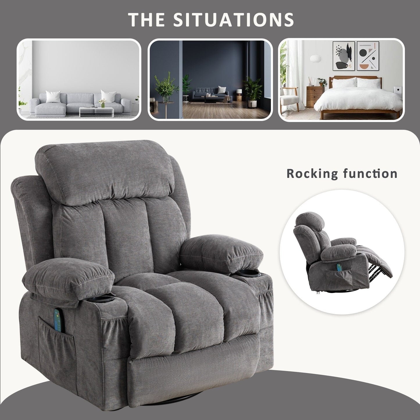 360¡ã Swivel Recliner Chair with Massage, Heat, USB, and Cup Holders