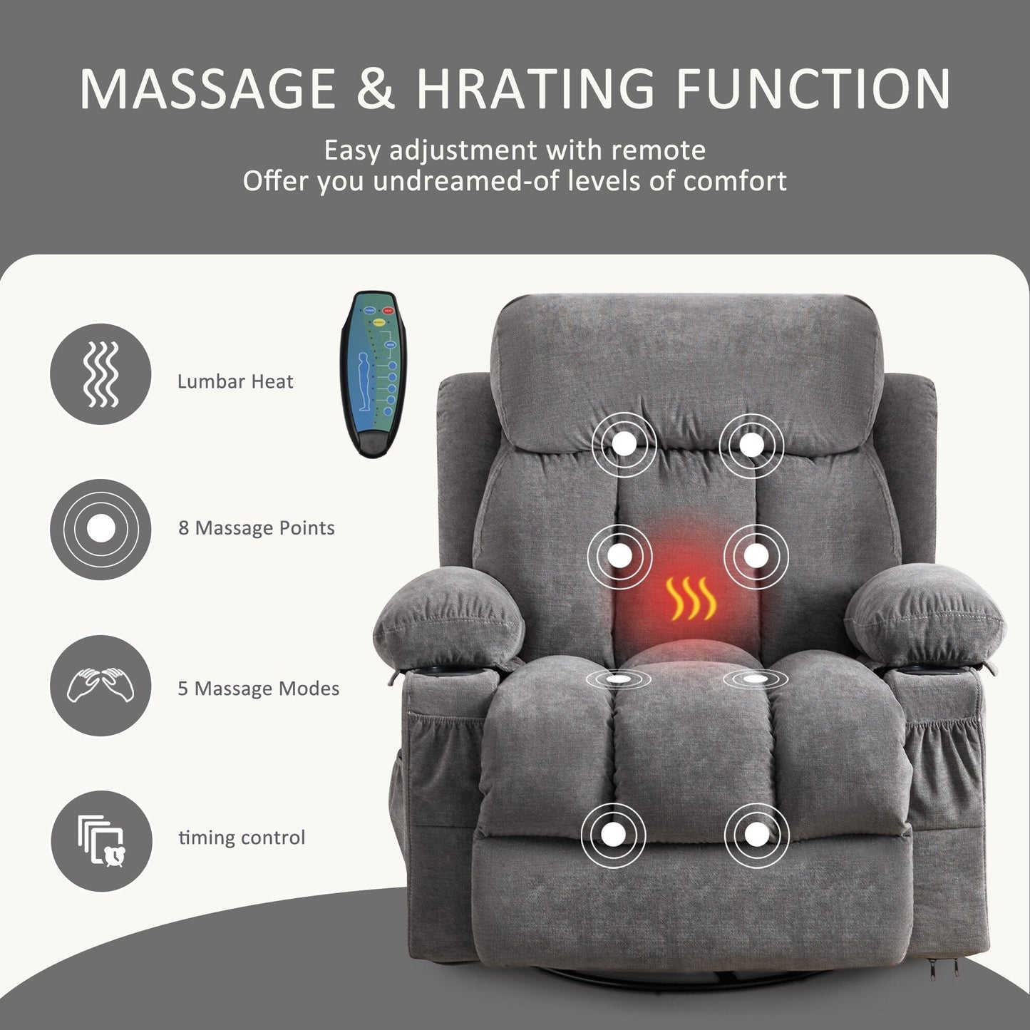 360¡ã Swivel Recliner Chair with Massage, Heat, USB, and Cup Holders
