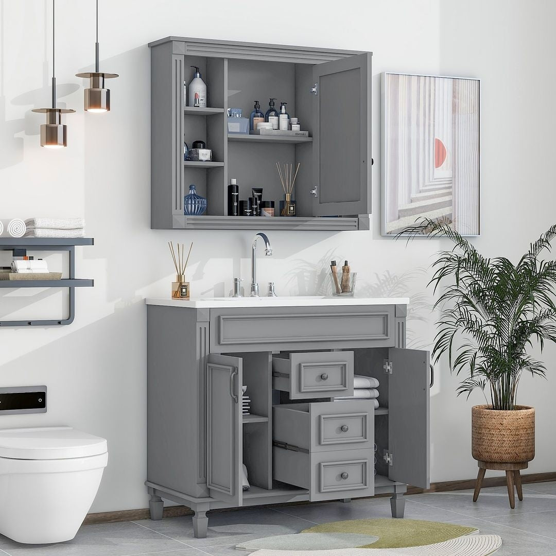 36'' Modern Bathroom Vanity with Top Sink and Mirror Cabinet,2 Doors and 2 Drawers