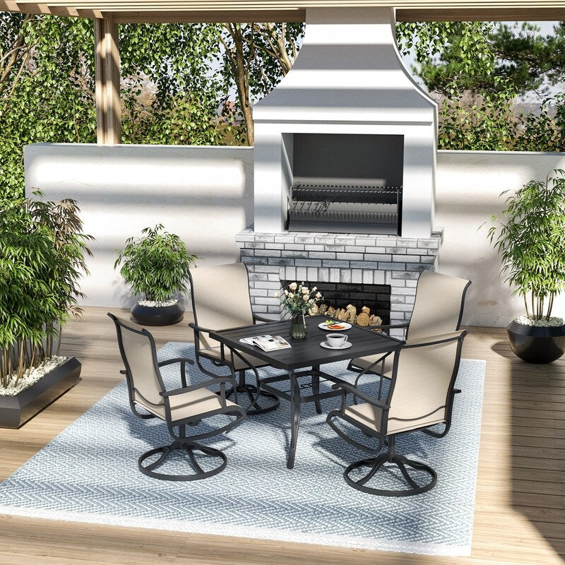 5-Piece Metal Outdoor Patio Dining Set with Square Table and Textilene Swivel Chairs