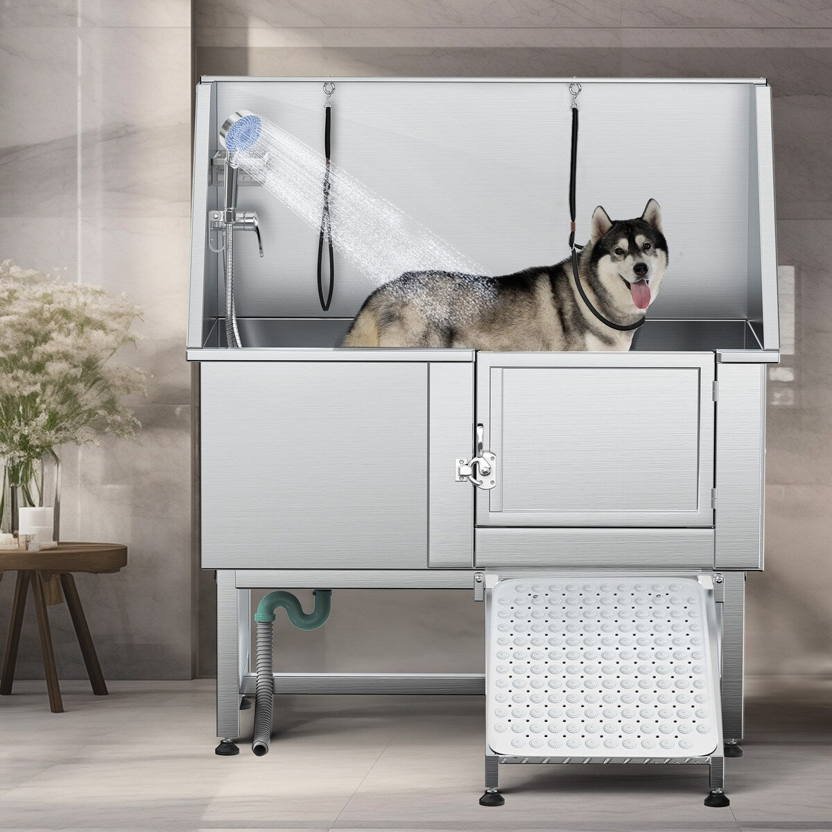 50'' W Stainless Steel Adjustable Pet Grooming Tub with Steps Ramp