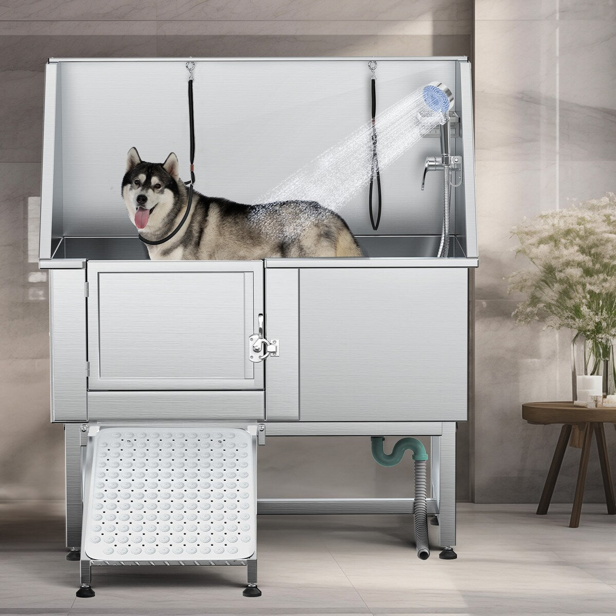 50'' W Stainless Steel Adjustable Pet Grooming Tub with Steps Ramp