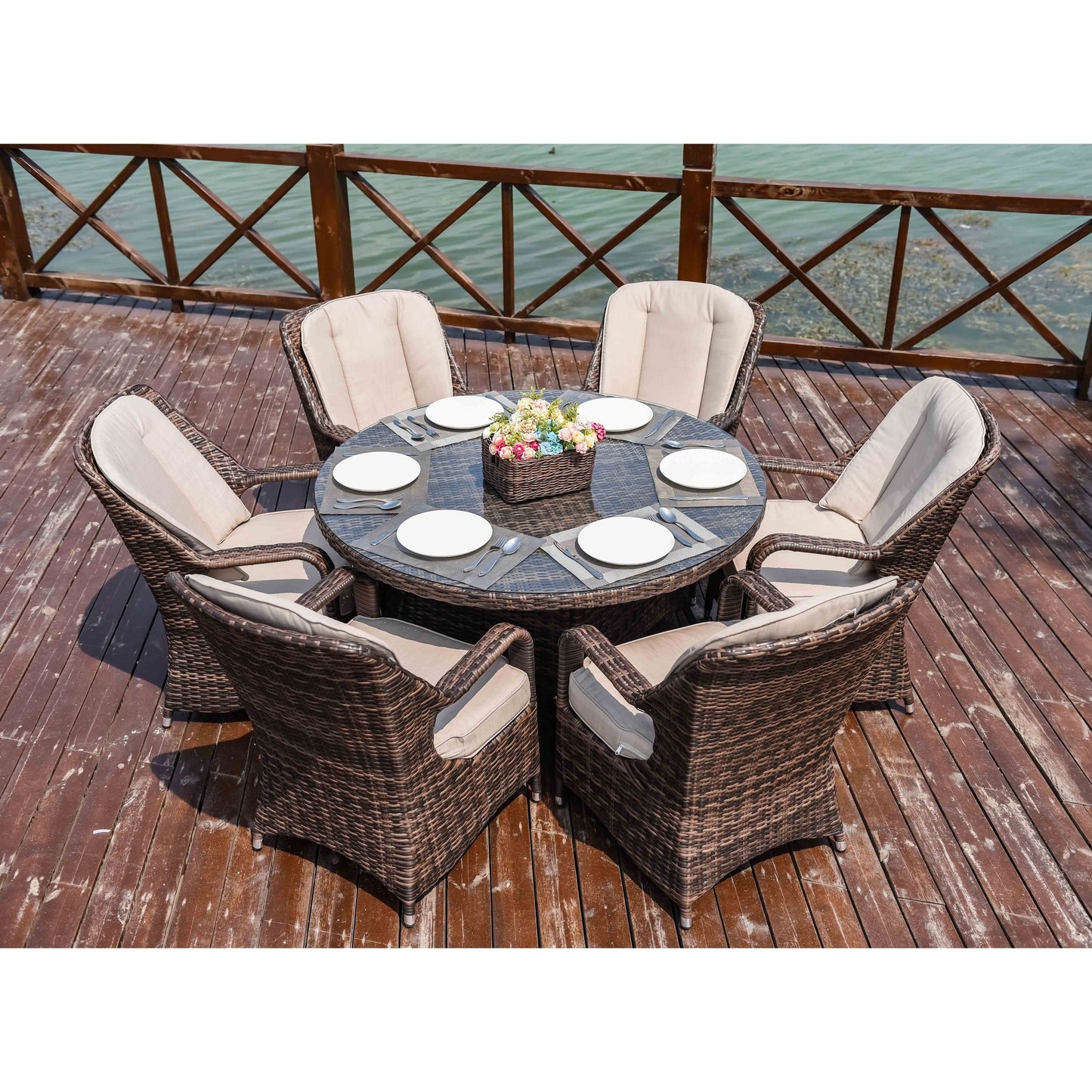 7 Pieces Outdoor Rattan Wicker Patio Round Dining Set with Cushions by Moda Furnishings