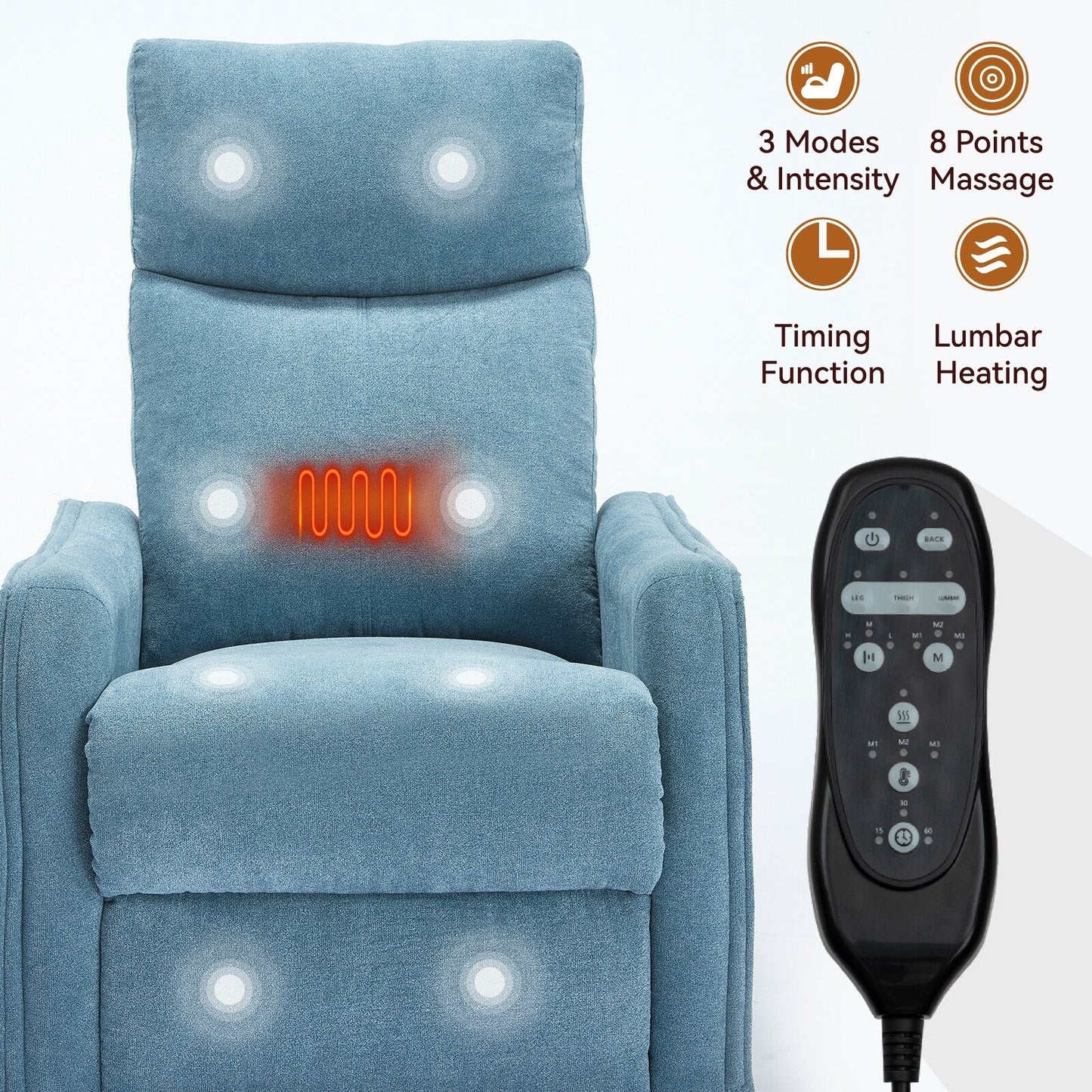 8 Point Massage Manual Recliner Chair Fabric Swivel Rocking Chair Single Sofa Armchair with Rocker and Lumbar Heating