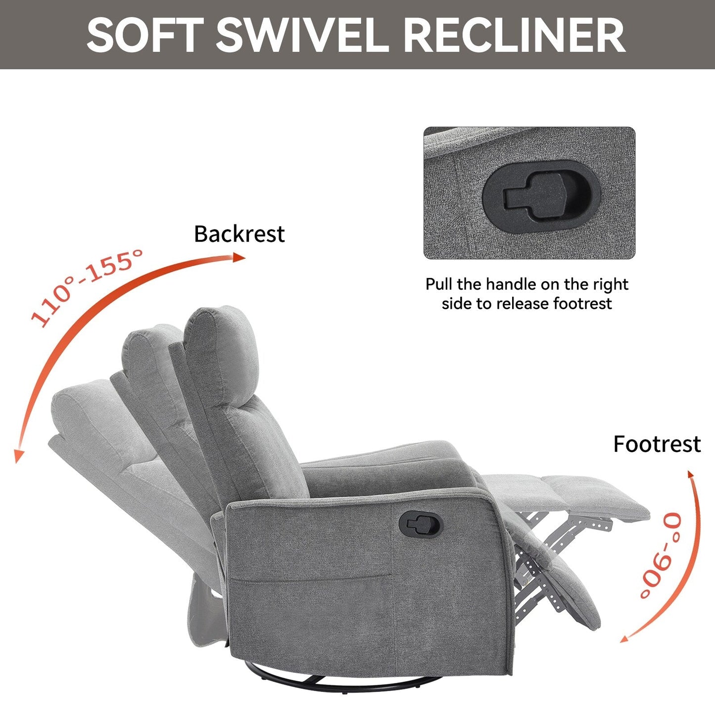 8 Point Massage Manual Recliner Chair Fabric Swivel Rocking Chair Single Sofa Armchair with Rocker and Lumbar Heating