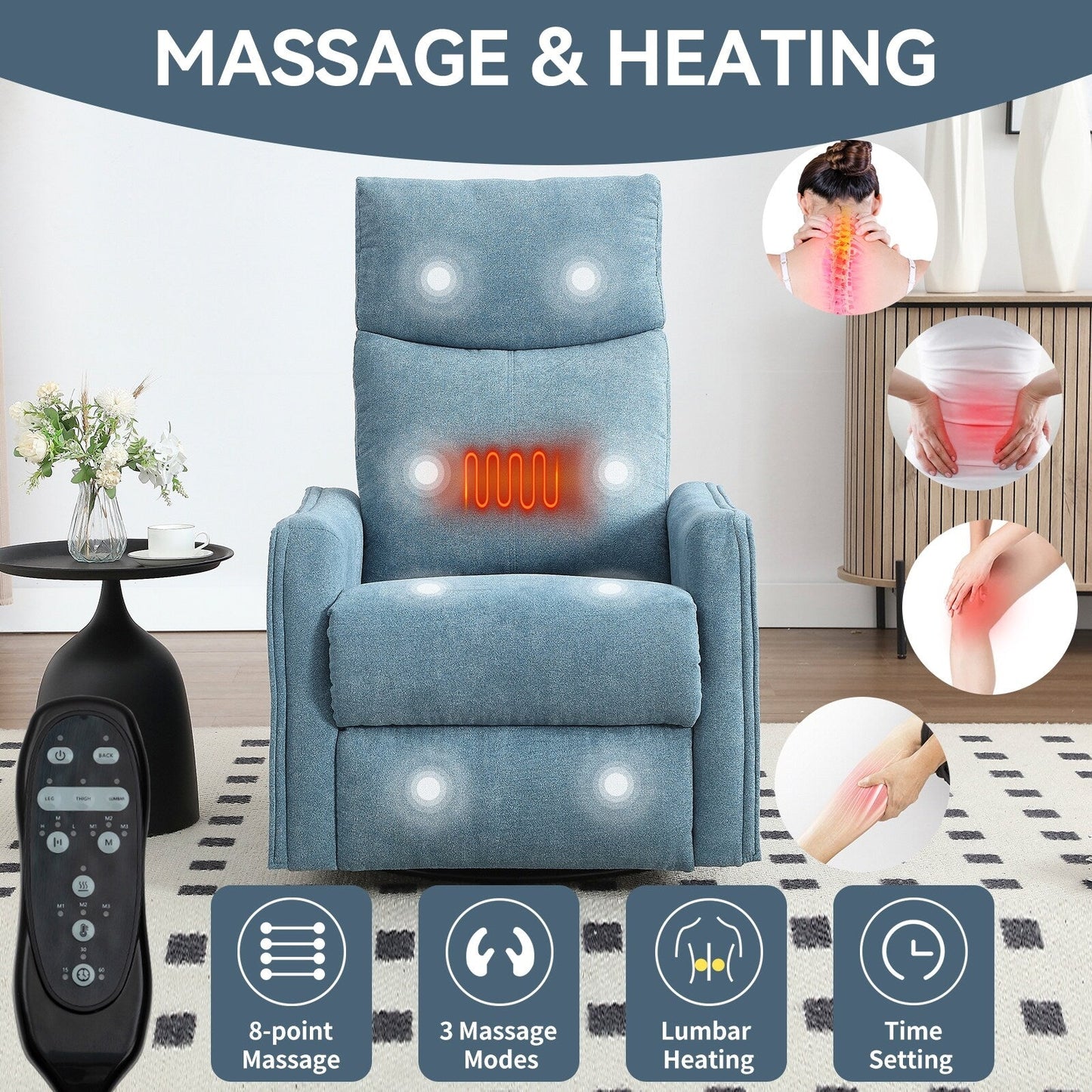 8 Point Massage Manual Recliner Chair Fabric Swivel Rocking Chair Single Sofa Armchair with Rocker and Lumbar Heating