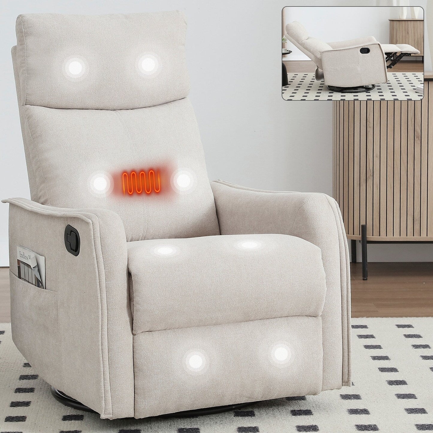 8 Point Massage Manual Recliner Chair Fabric Swivel Rocking Chair Single Sofa Armchair with Rocker and Lumbar Heating