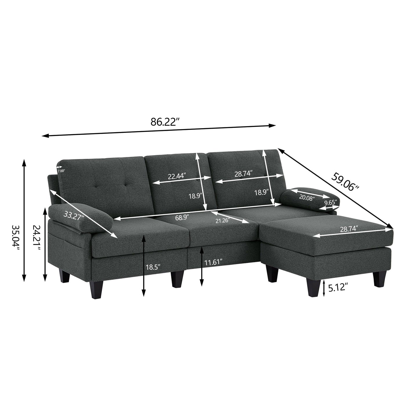 86.22 L Shaped Sectional Sofa with Side Storage Pockets
