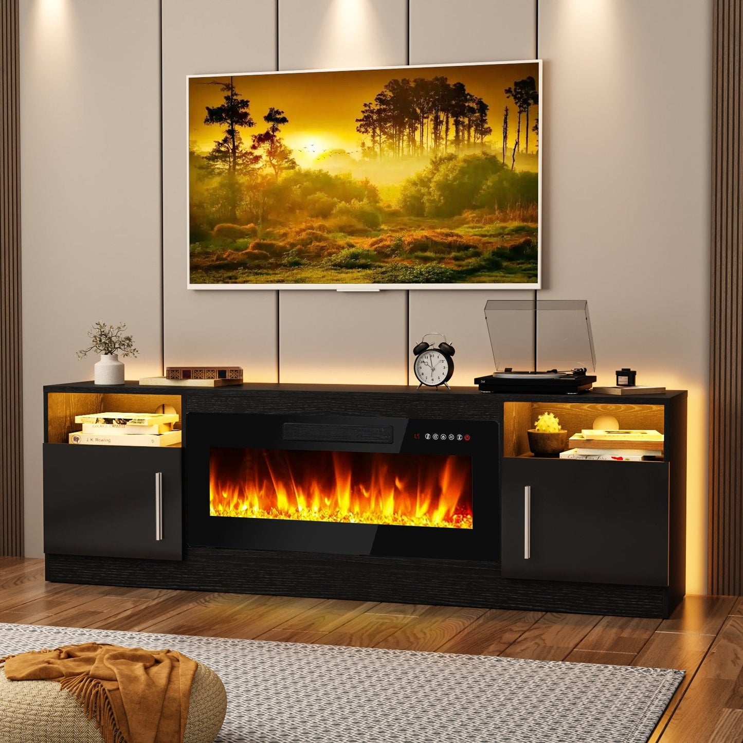Bossin 70 Fireplace TV Stand with 36 Electric Fireplace, TV Stand for TVs Up to 80, 16 Colors LED Lights/Entertainment Center