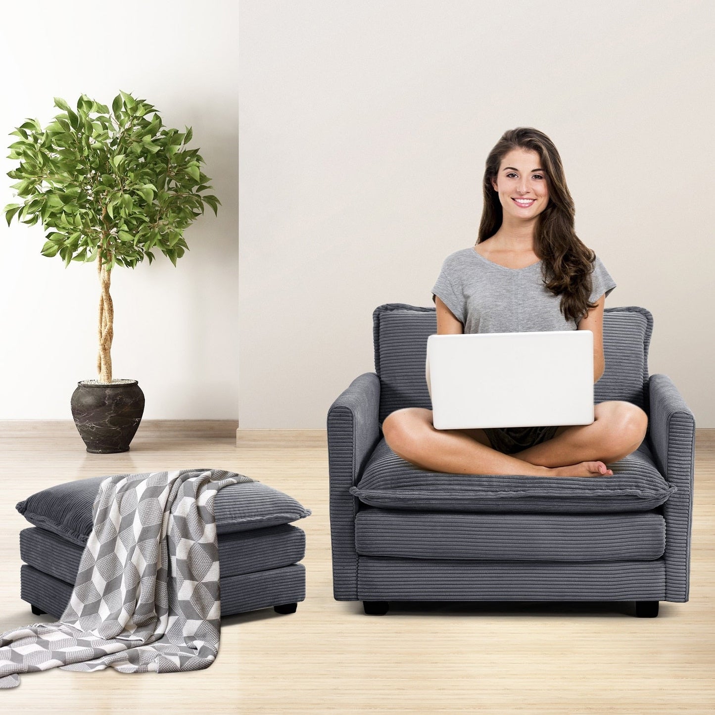 Corduroy Sectional Sofa with Removable Ottomans & Ultra-soft Cushions for Living Room & Bedroom