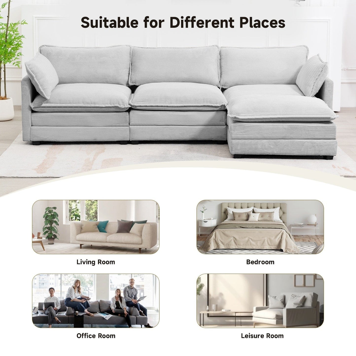 Corduroy Sectional Sofa with Removable Ottomans & Ultra-soft Cushions for Living Room & Bedroom