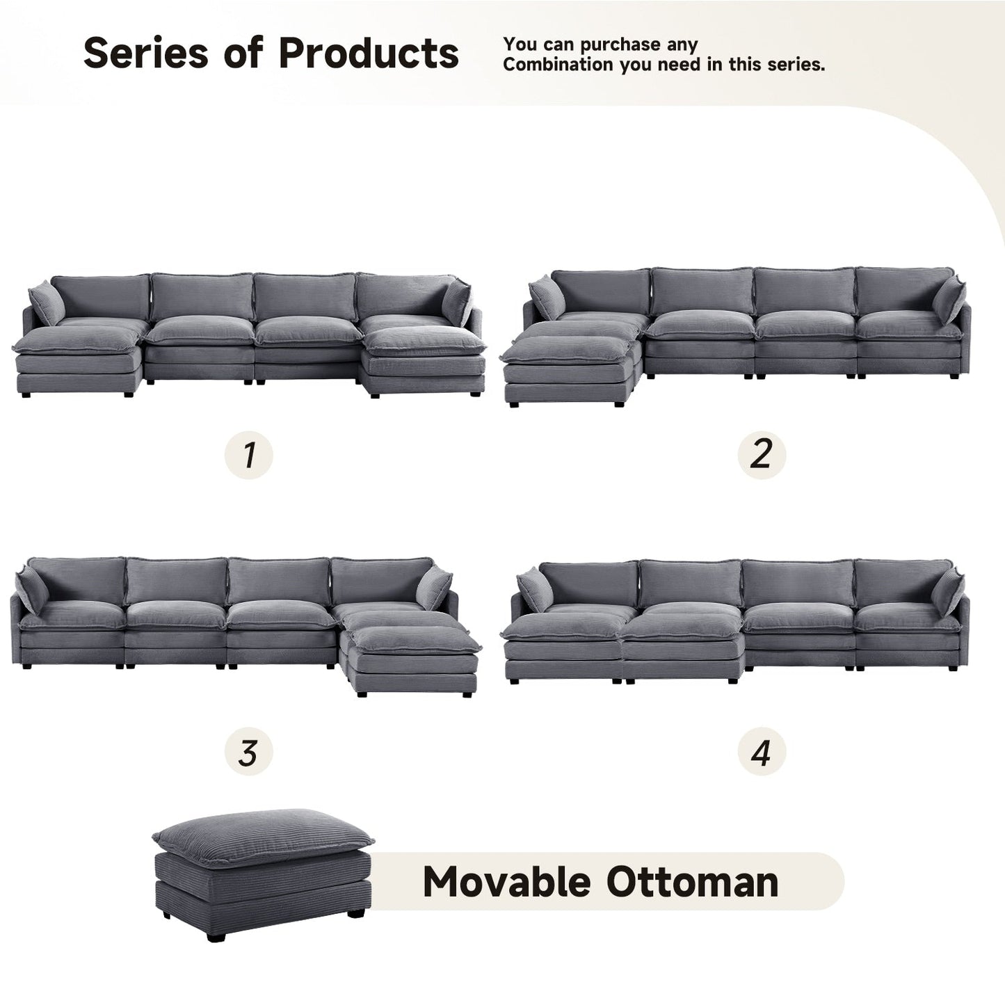 Corduroy Sectional Sofa with Removable Ottomans & Ultra-soft Cushions for Living Room & Bedroom