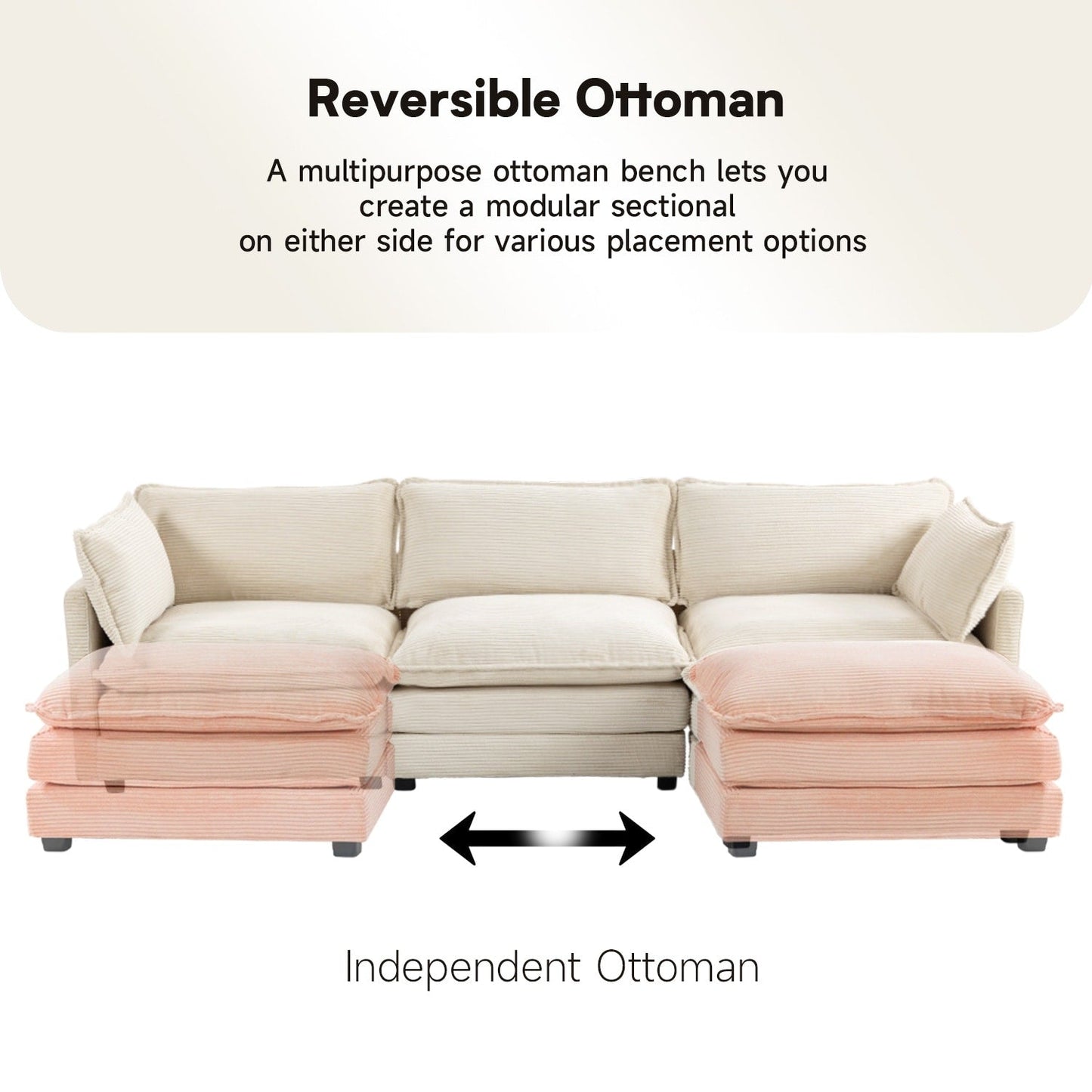 Corduroy Sectional Sofa with Removable Ottomans & Ultra-soft Cushions for Living Room & Bedroom