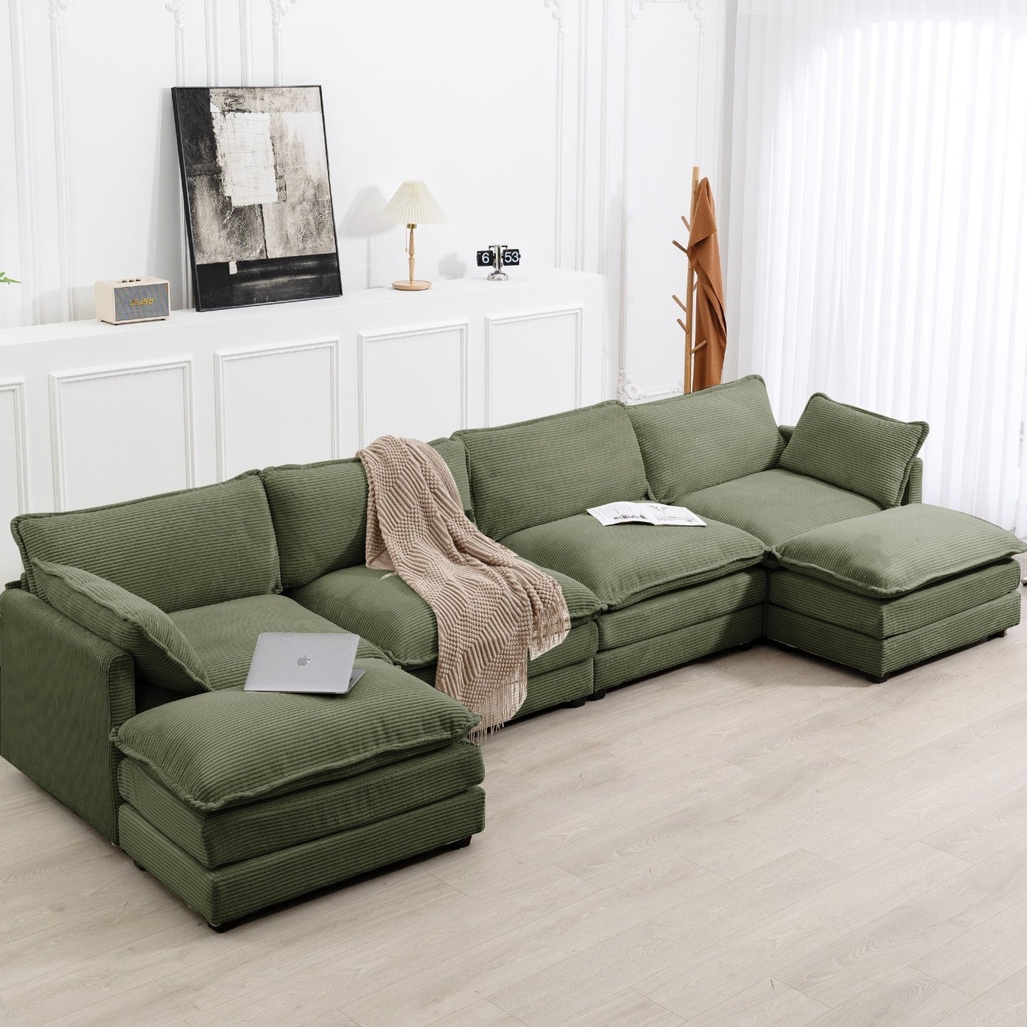 Corduroy Sectional Sofa with Removable Ottomans & Ultra-soft Cushions for Living Room & Bedroom