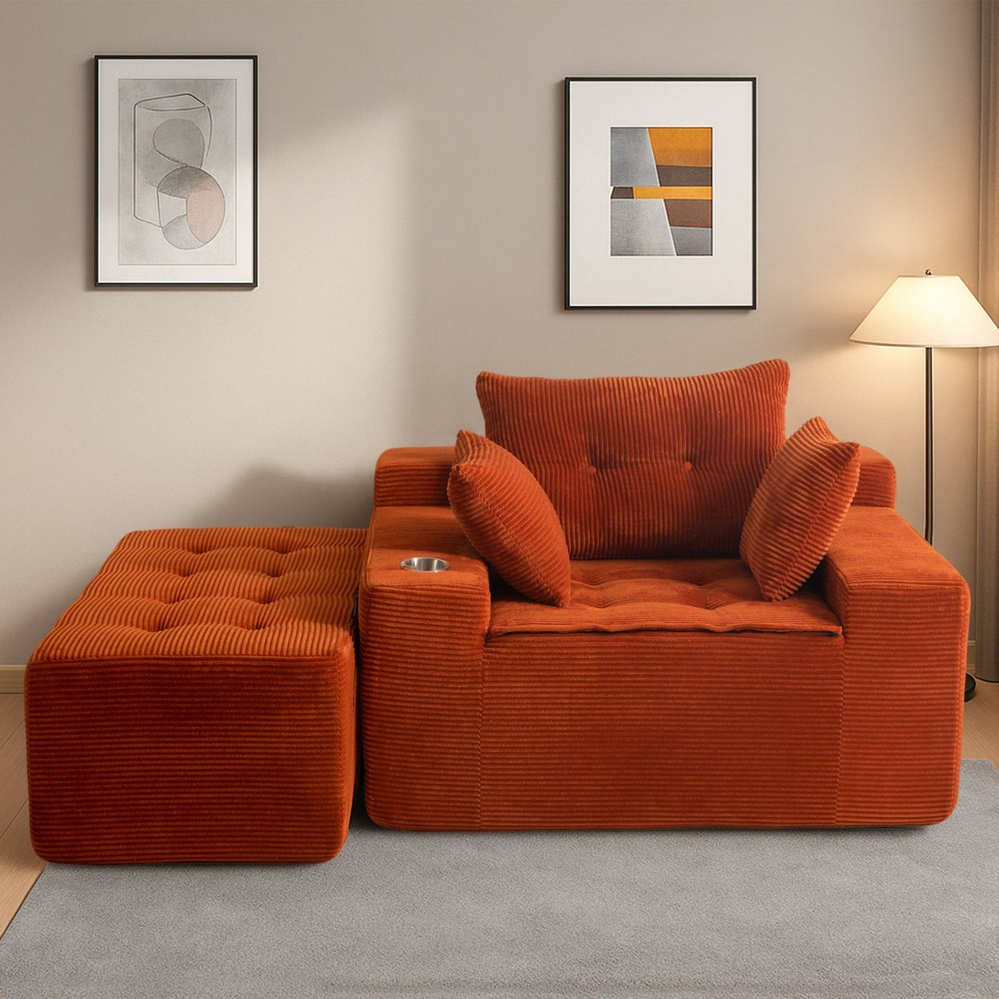 Corduroy Upholstered Memory Foam Sofa With Ottoman Upholstered Bean Bag Couch - 48.4Lx67.7Wx24.4H