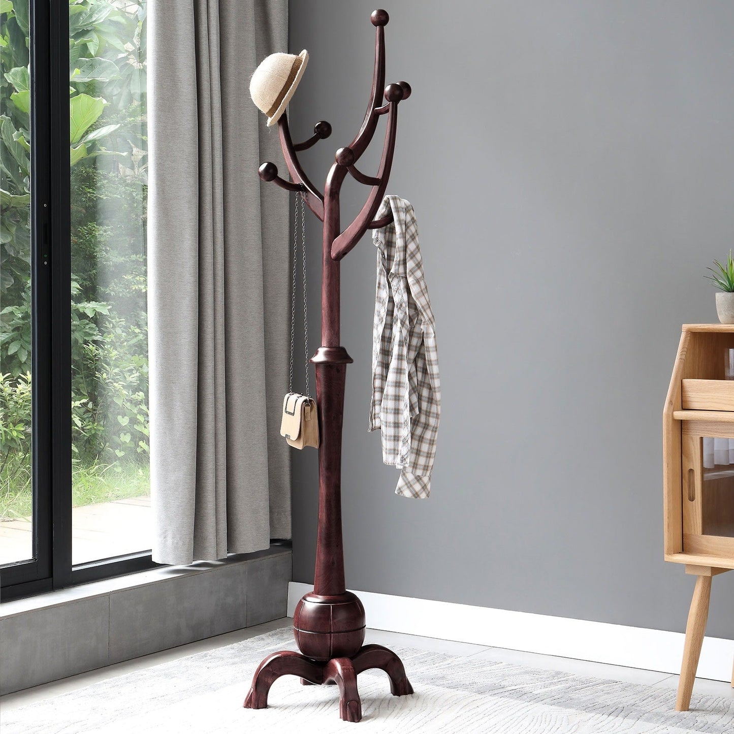 Tree-branch Rubberwood Freestanding Coat Rack with 8 Hooks - 24.5W x 70.87H