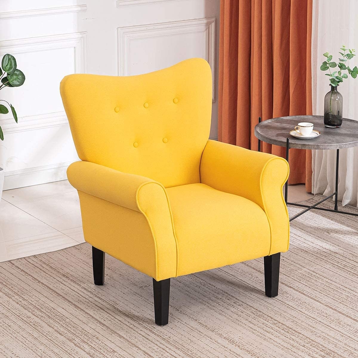 Erommy Modern Accent Chair, High Back Armchair, Upholstered Fabric Button Single Sofa with Wooden Legs for Living Room