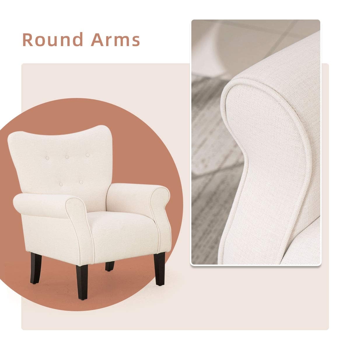 Erommy Modern Accent Chair, High Back Armchair, Upholstered Fabric Button Single Sofa with Wooden Legs for Living Room