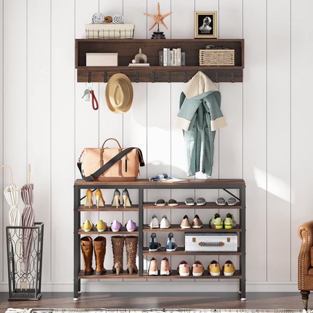 Entryway Coat Rack Shoe Bench Set, Industrial Hall Tree Coat Shoe Rack
