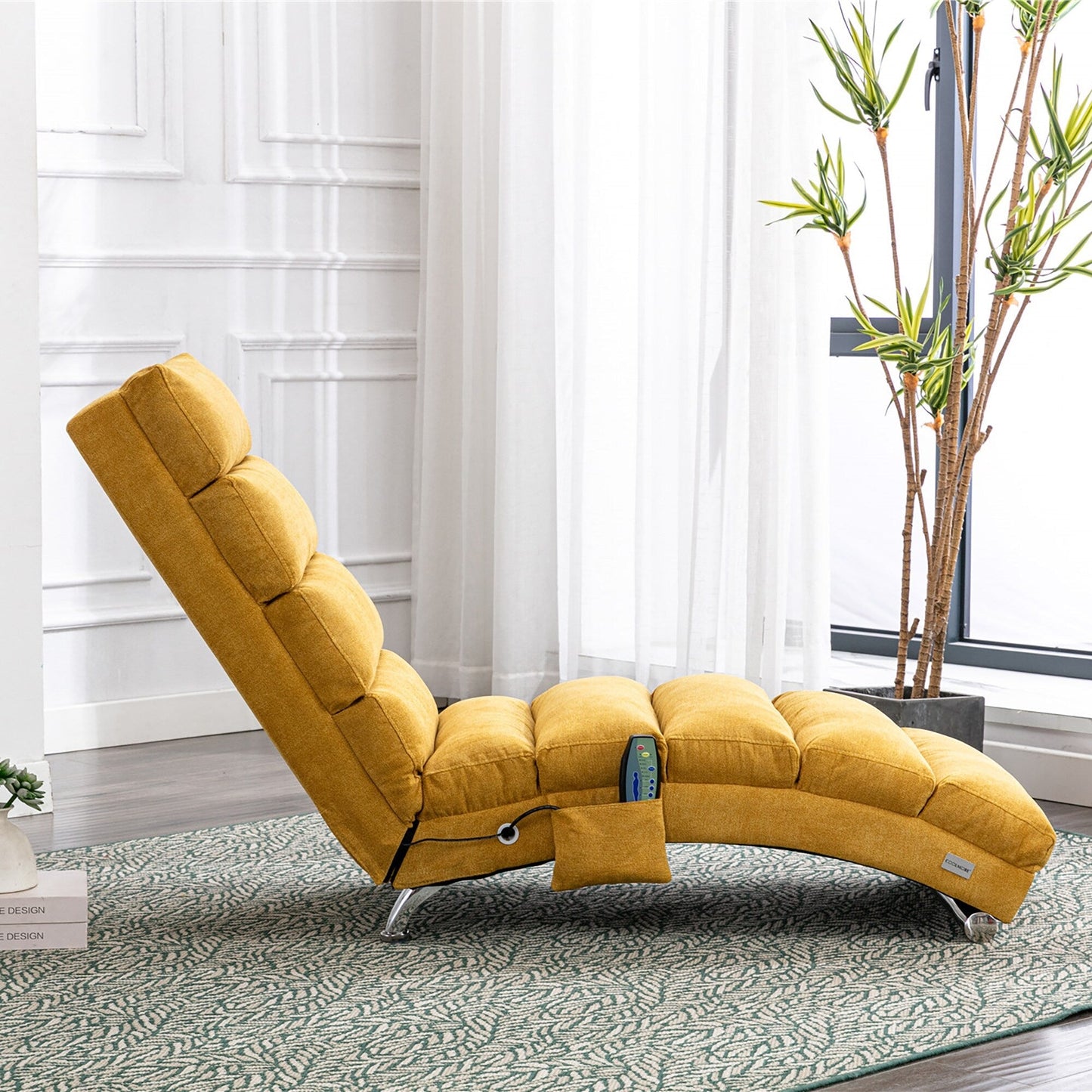 Ergonomic Linen Massage Chaise Lounge Chair Reclining Tufted Upholstered Sleeper with Remote and 5 Vibration Modes