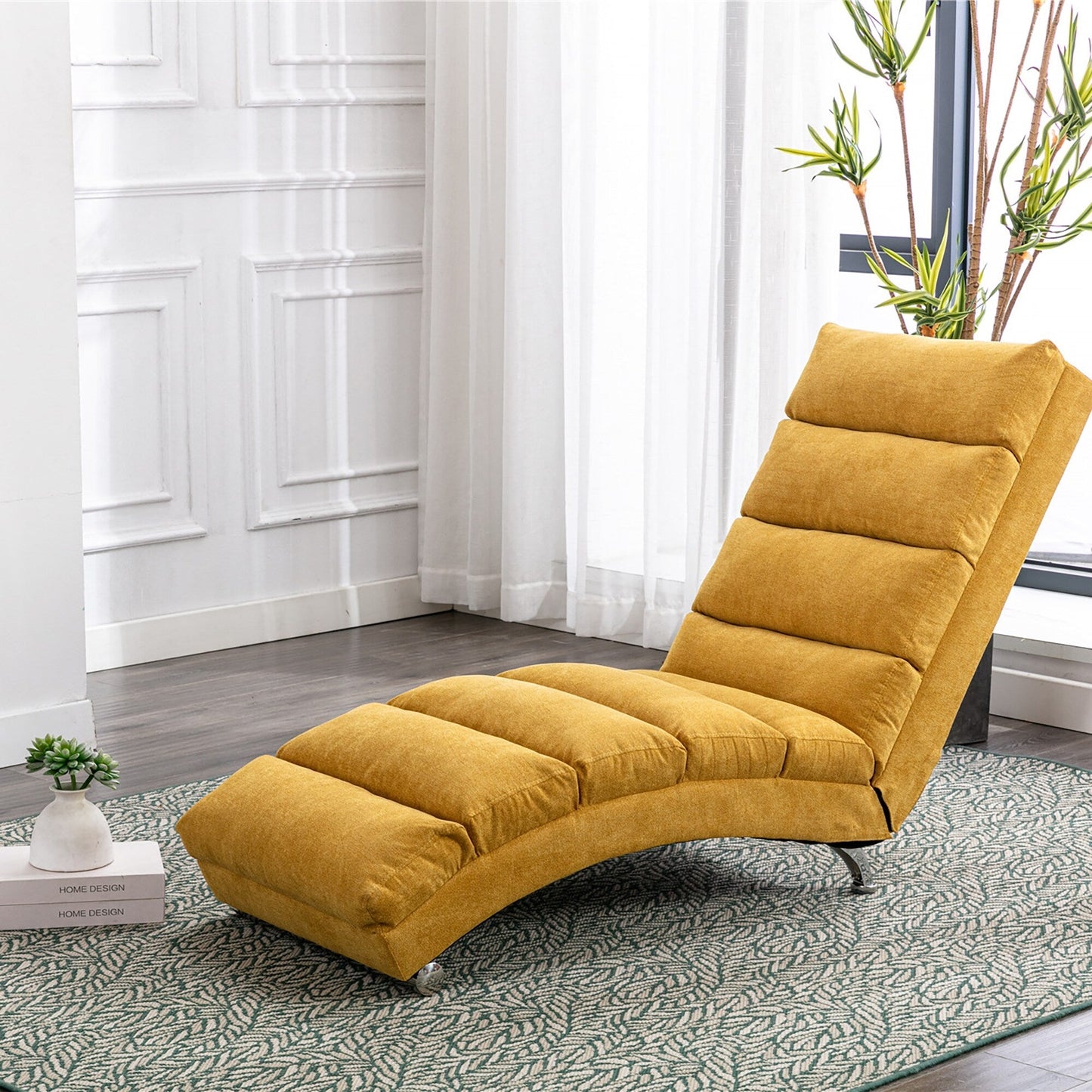 Ergonomic Linen Massage Chaise Lounge Chair Reclining Tufted Upholstered Sleeper with Remote and 5 Vibration Modes