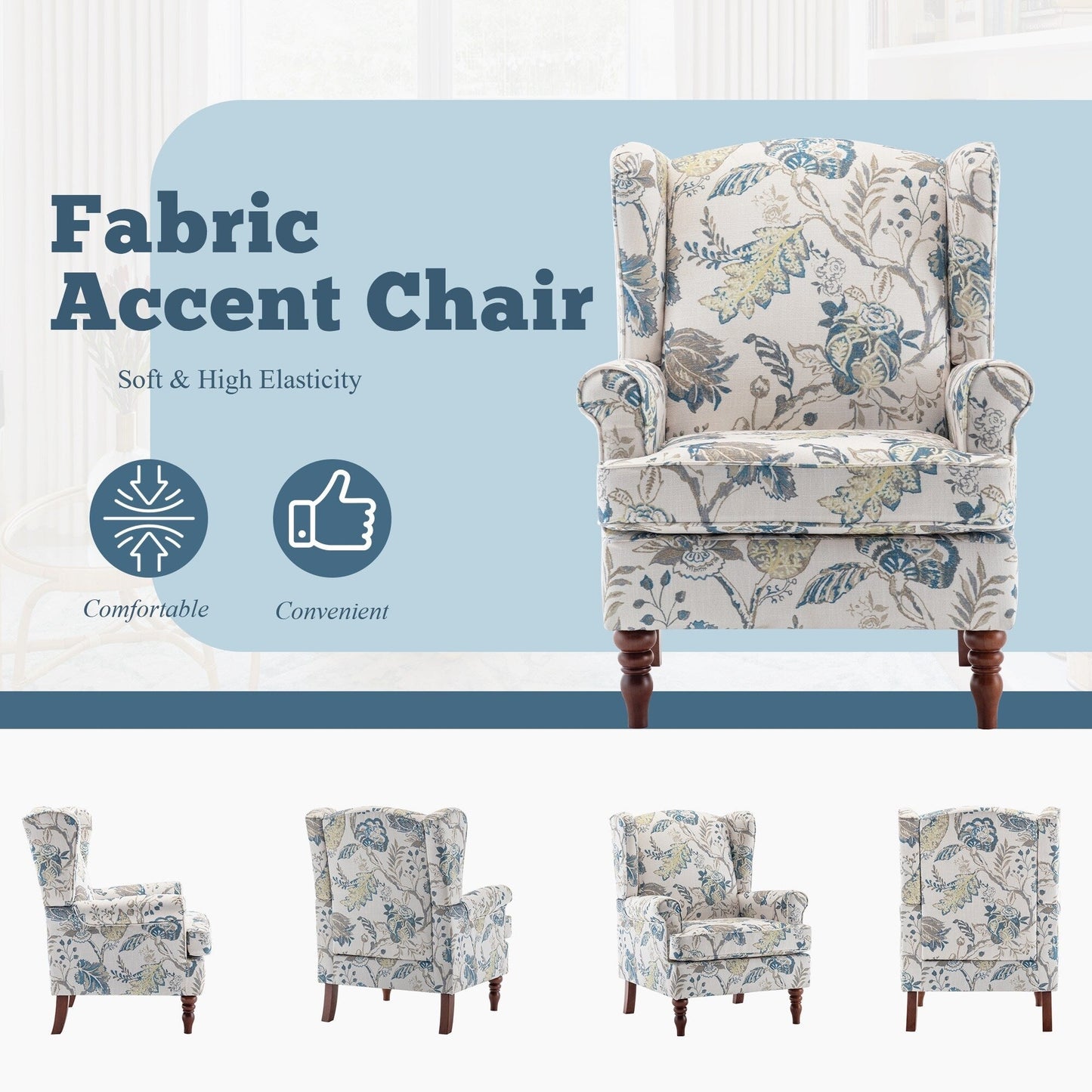 Erommy Modern Accent Chair, High Back Armchair, Upholstered Fabric Button Single Sofa with Wooden Legs for Living Room