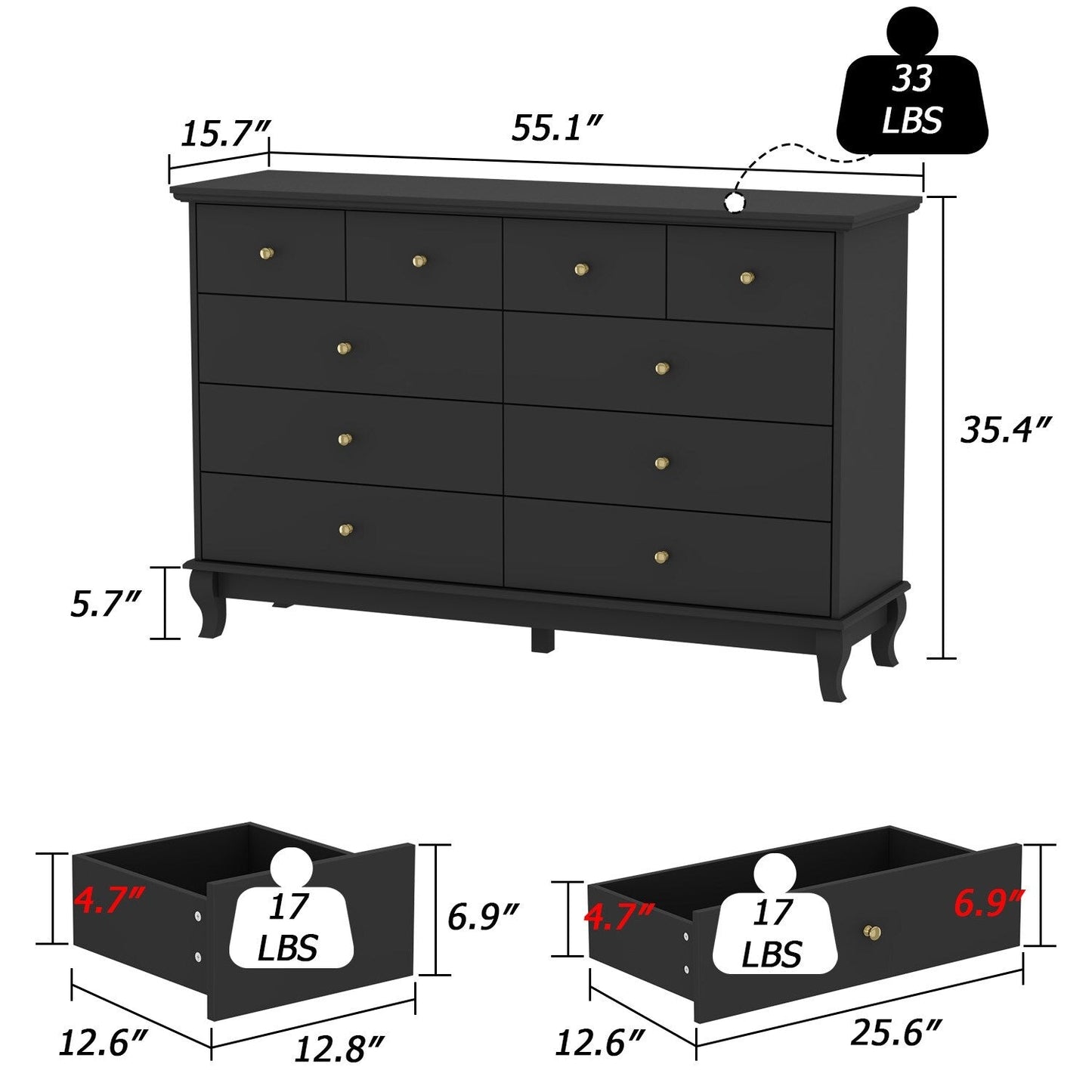 10 Drawer Double Dresser for Bedroom White Dresser Wide Storage