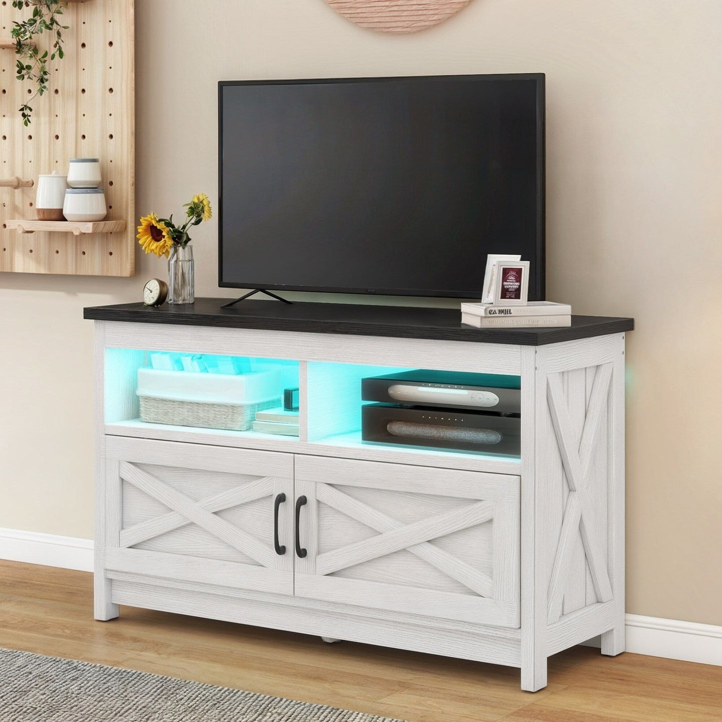 Farmhouse TV Stand for up to 65 TV with Doors and Open Shelves Media Console Power Outlet