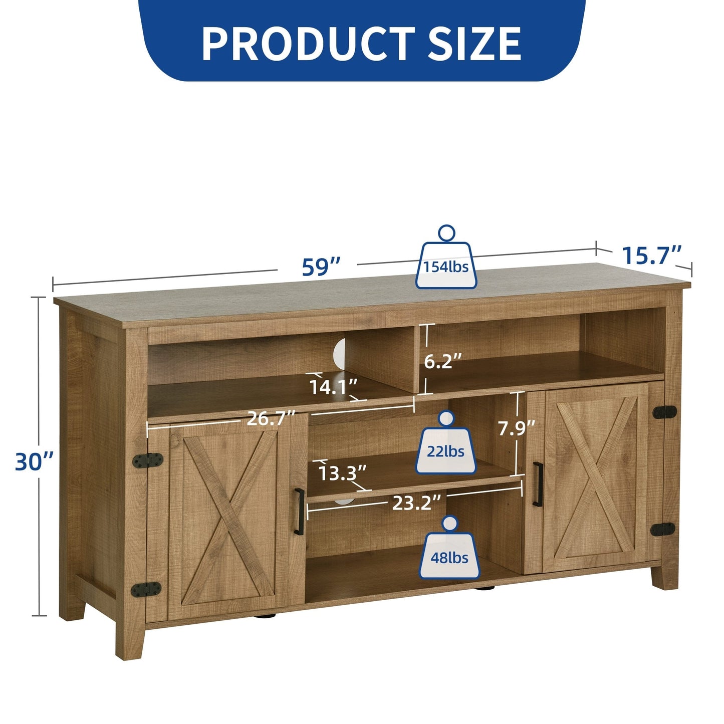 Farmhouse TV Stand for up to 65 TV with Doors and Open Shelves Media Console Power Outlet