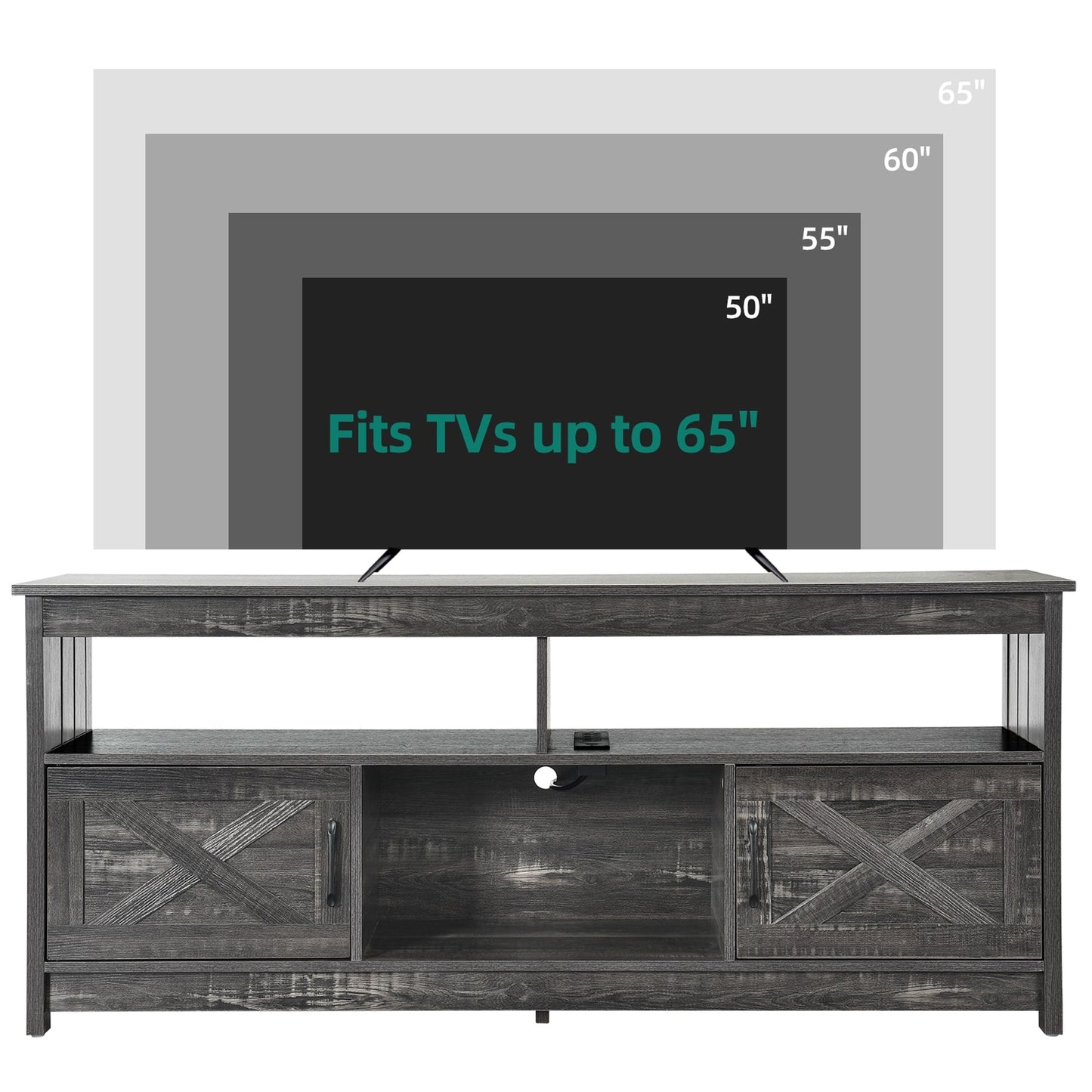 Farmhouse TV Stand for up to 65 TV with Doors and Open Shelves Media Console Power Outlet