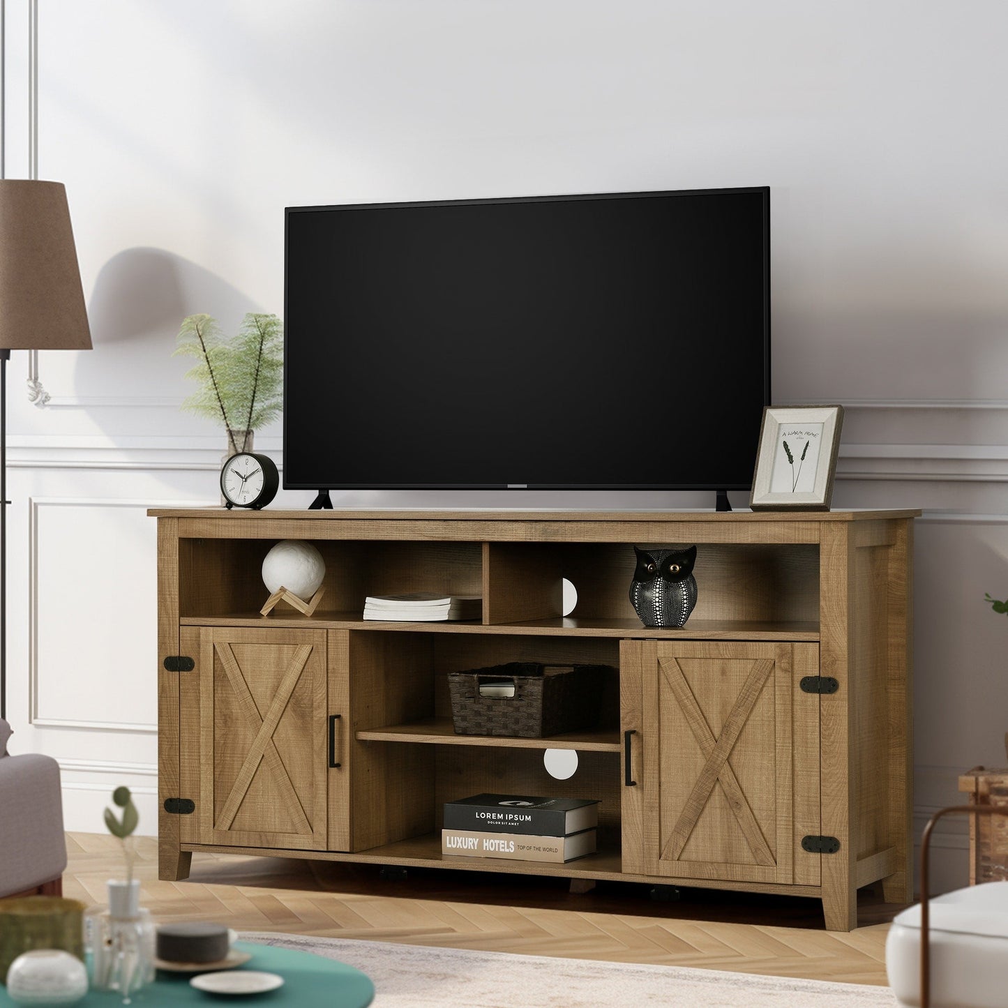 Farmhouse TV Stand for up to 65 TV with Doors and Open Shelves Media Console Power Outlet