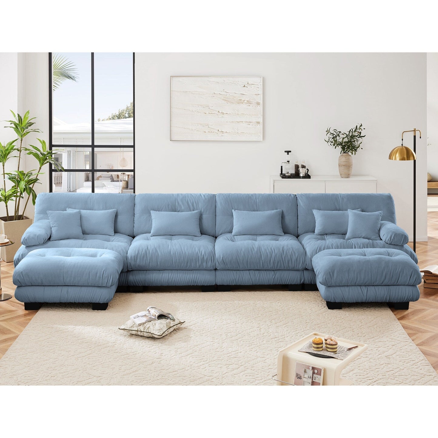 Free Combination Modular Chenille 4-Seater Sectional Sofa with 2 Ottomans and Pillow for Living Room
