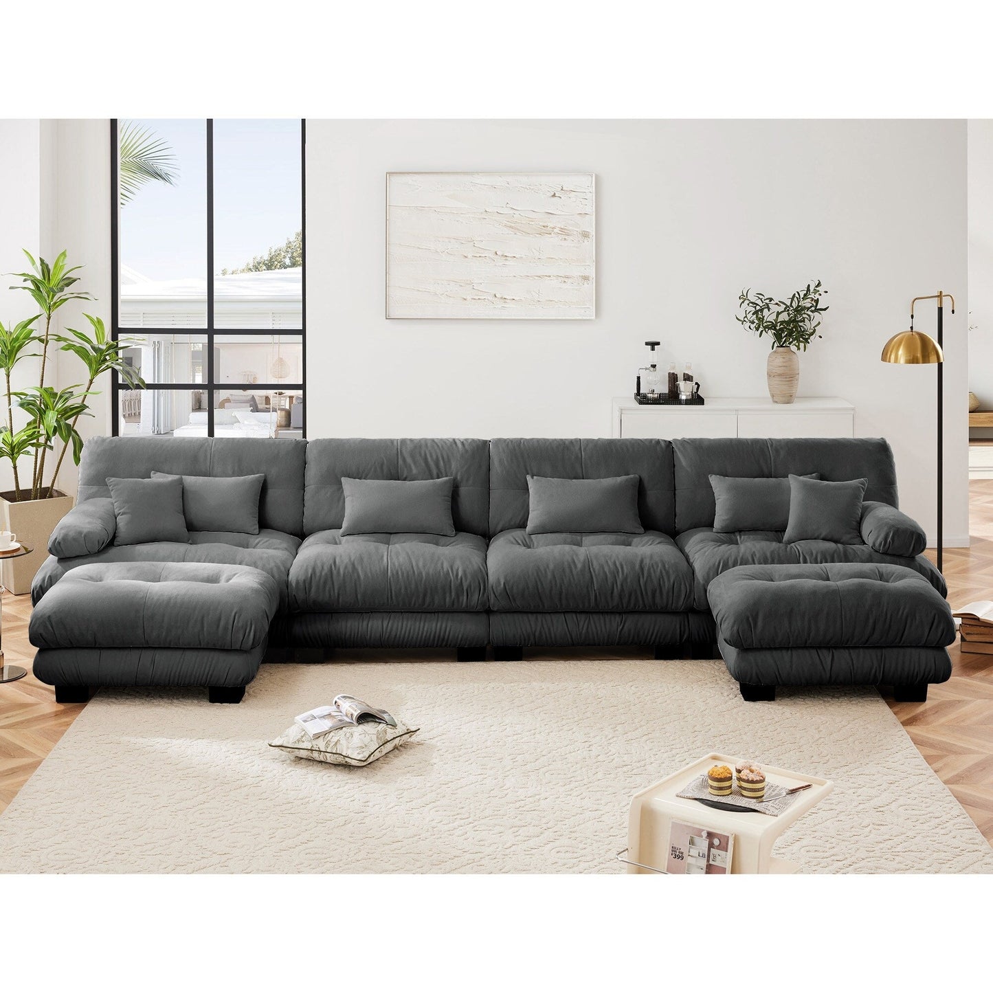 Free Combination Modular Chenille 4-Seater Sectional Sofa with 2 Ottomans and Pillow for Living Room