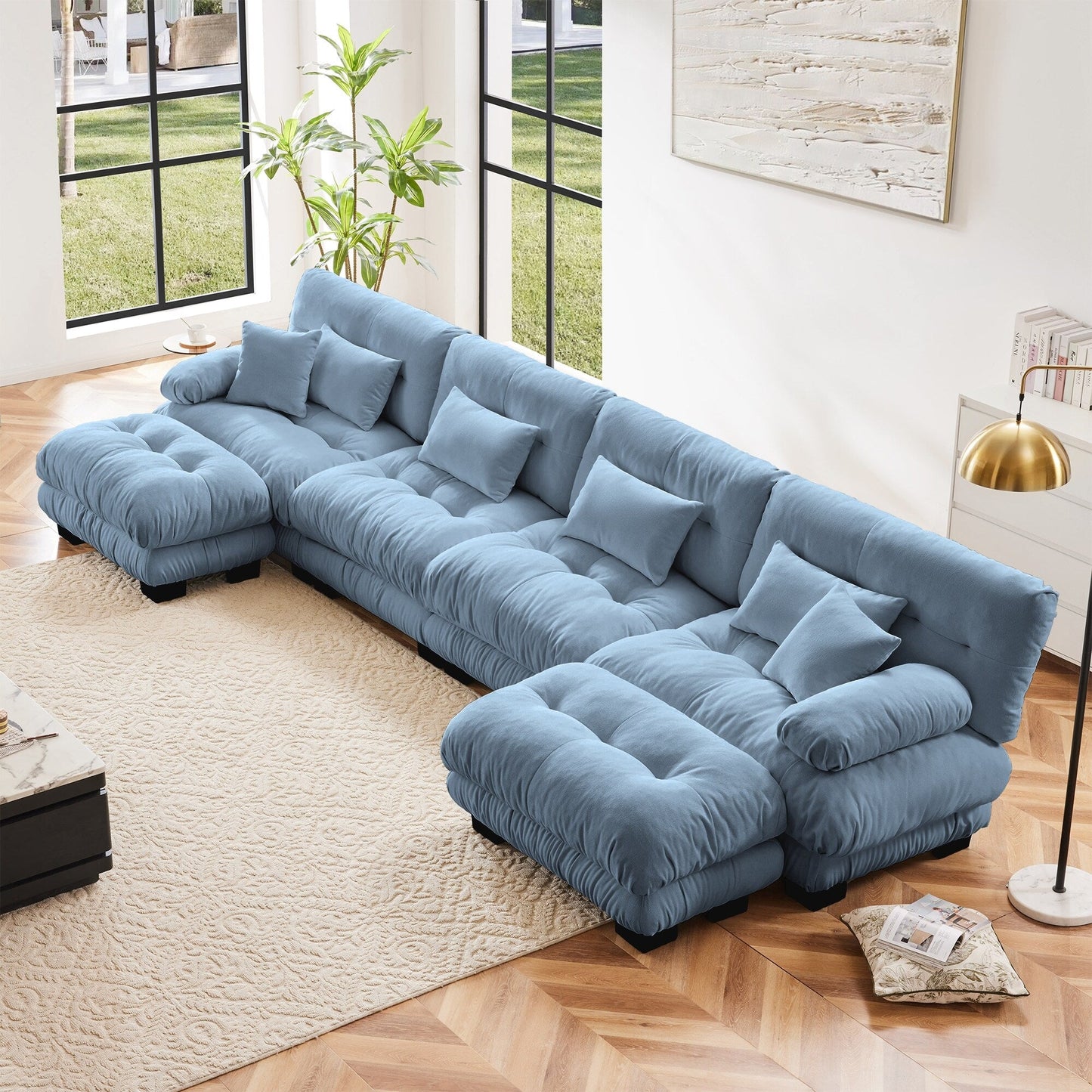 Free Combination Modular Chenille 4-Seater Sectional Sofa with 2 Ottomans and Pillow for Living Room