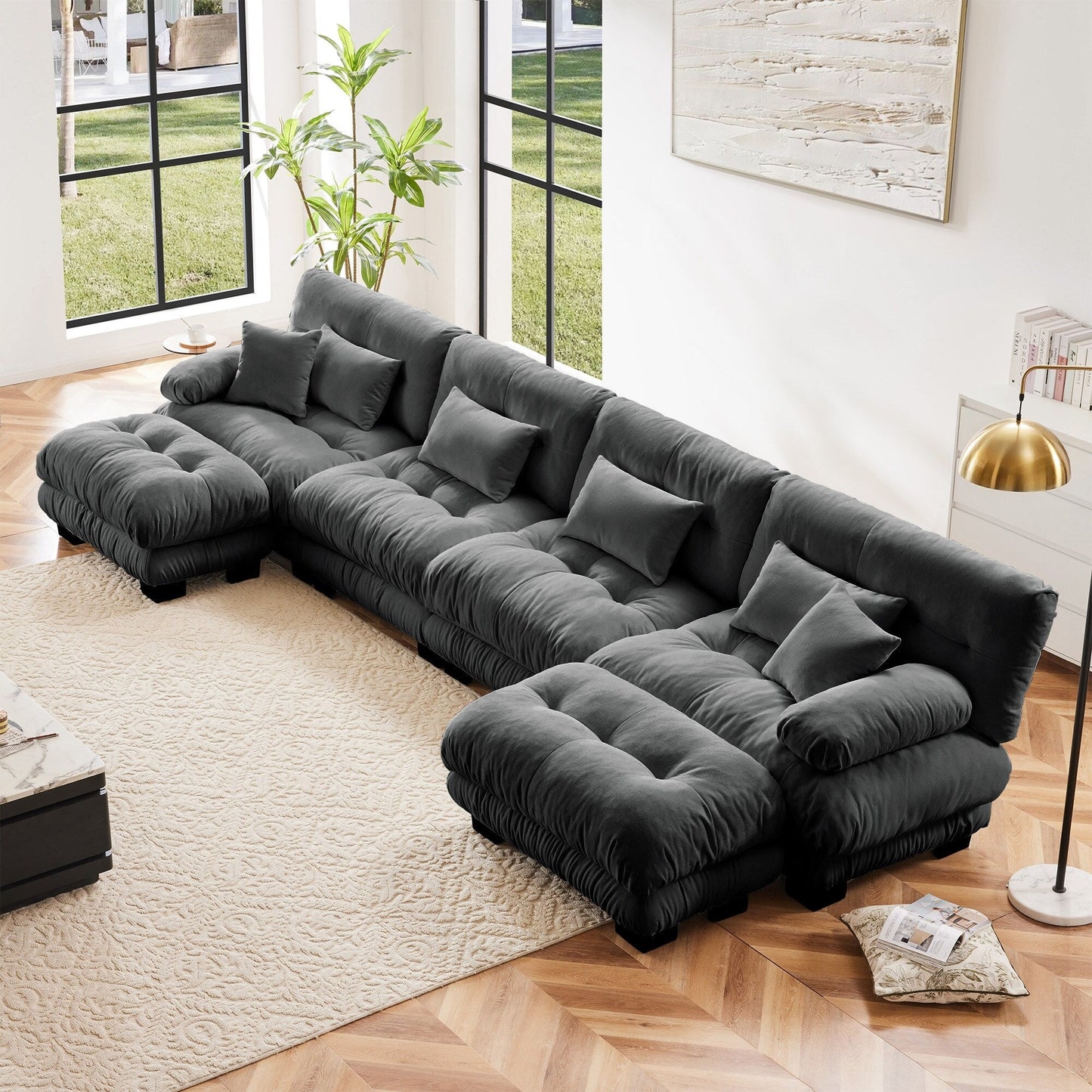 Free Combination Modular Chenille 4-Seater Sectional Sofa with 2 Ottomans and Pillow for Living Room