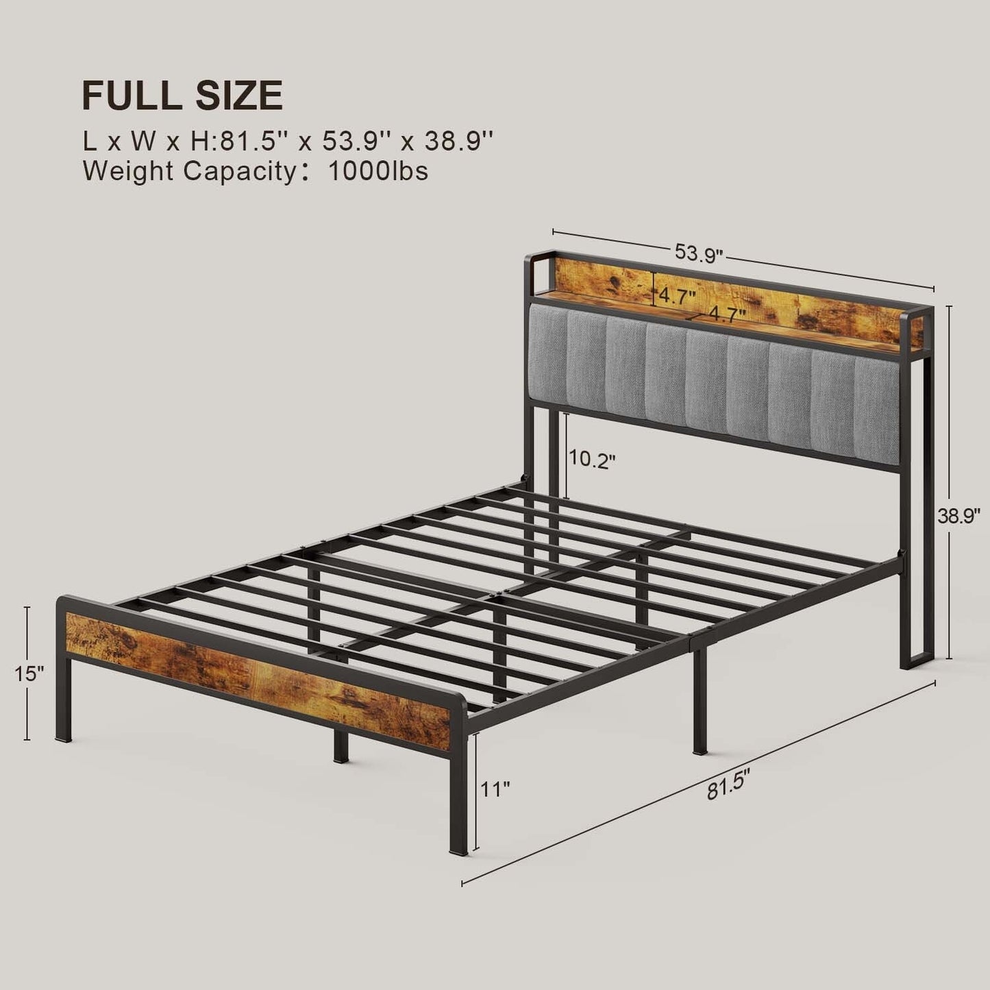 Twin / Full / Queen / King Size Metal Platform Bed Frame with Upholstered Storage Headboard