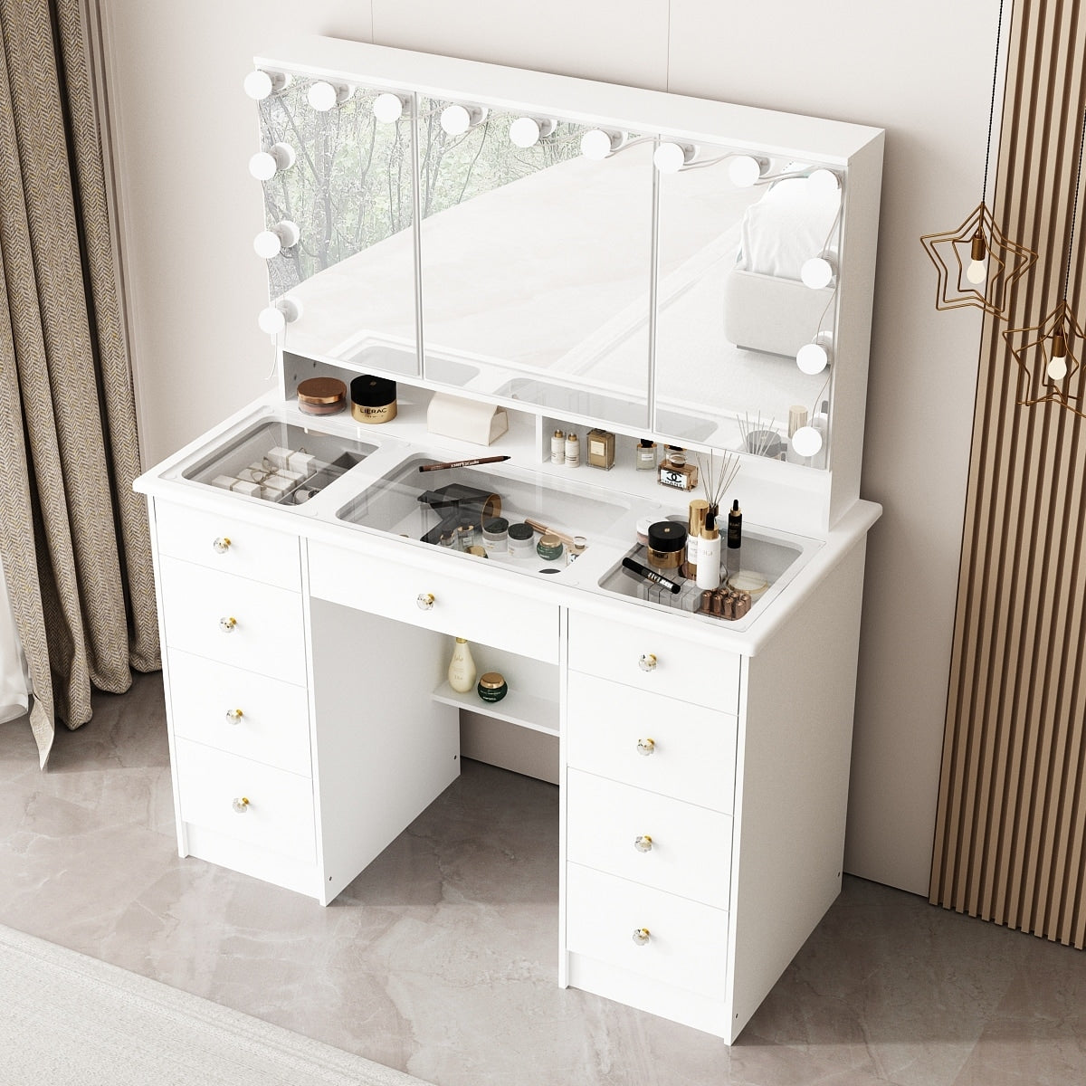 Makeup Vanity w/Tri-Fold Mirror Certified Lighting Glass Top Dresser