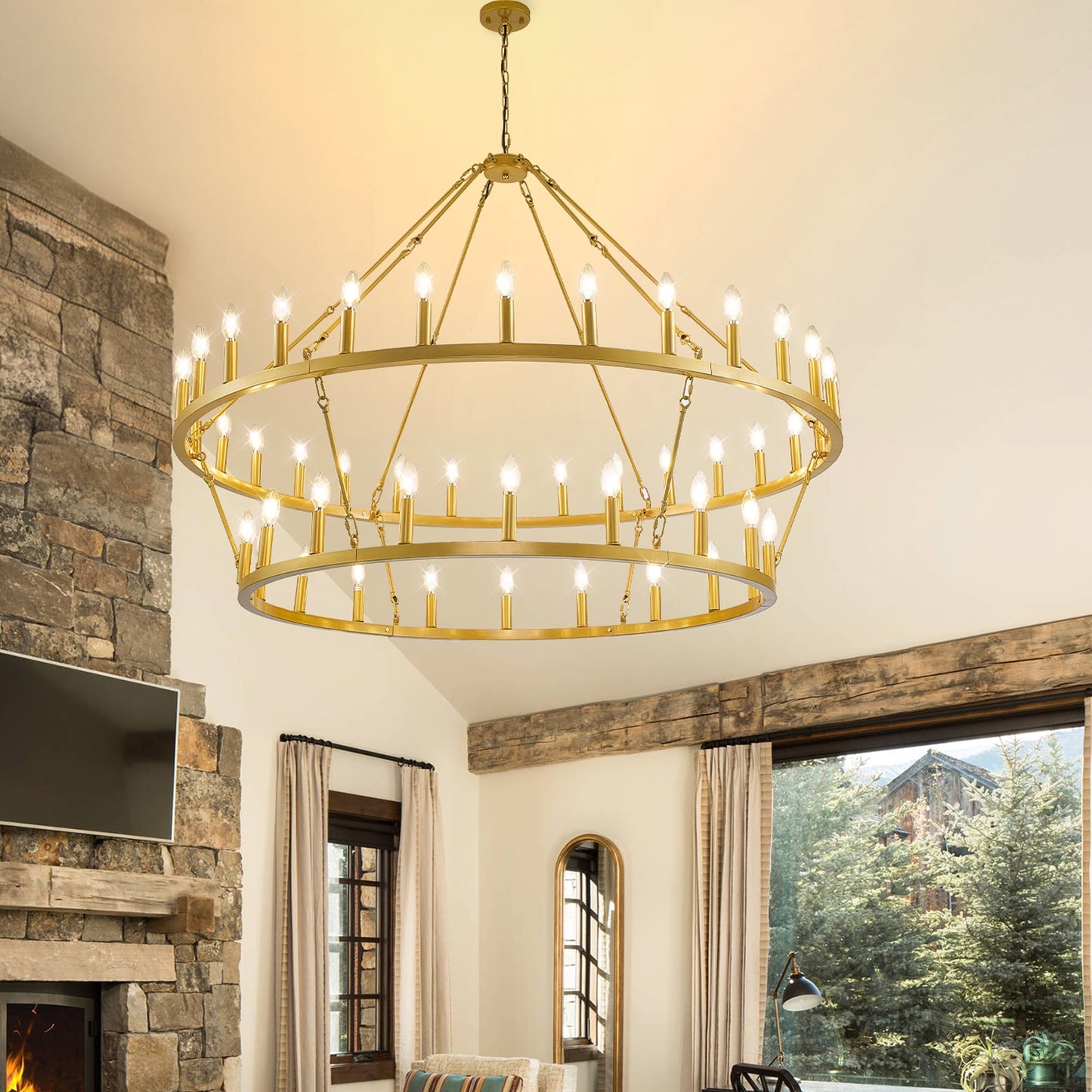Modern Farmhouse Chandelier 2 Tier Round Wagon Wheel Chandelier Large High Ceiling Light.