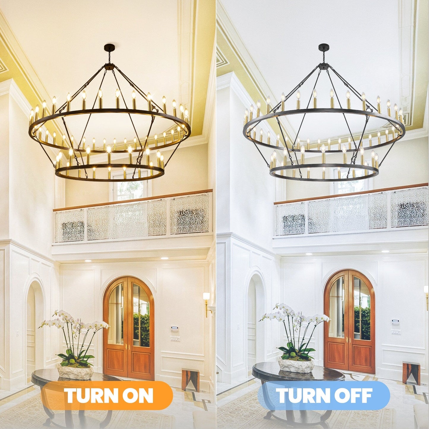 Modern Farmhouse Chandelier 2 Tier Round Wagon Wheel Chandelier Large High Ceiling Light.