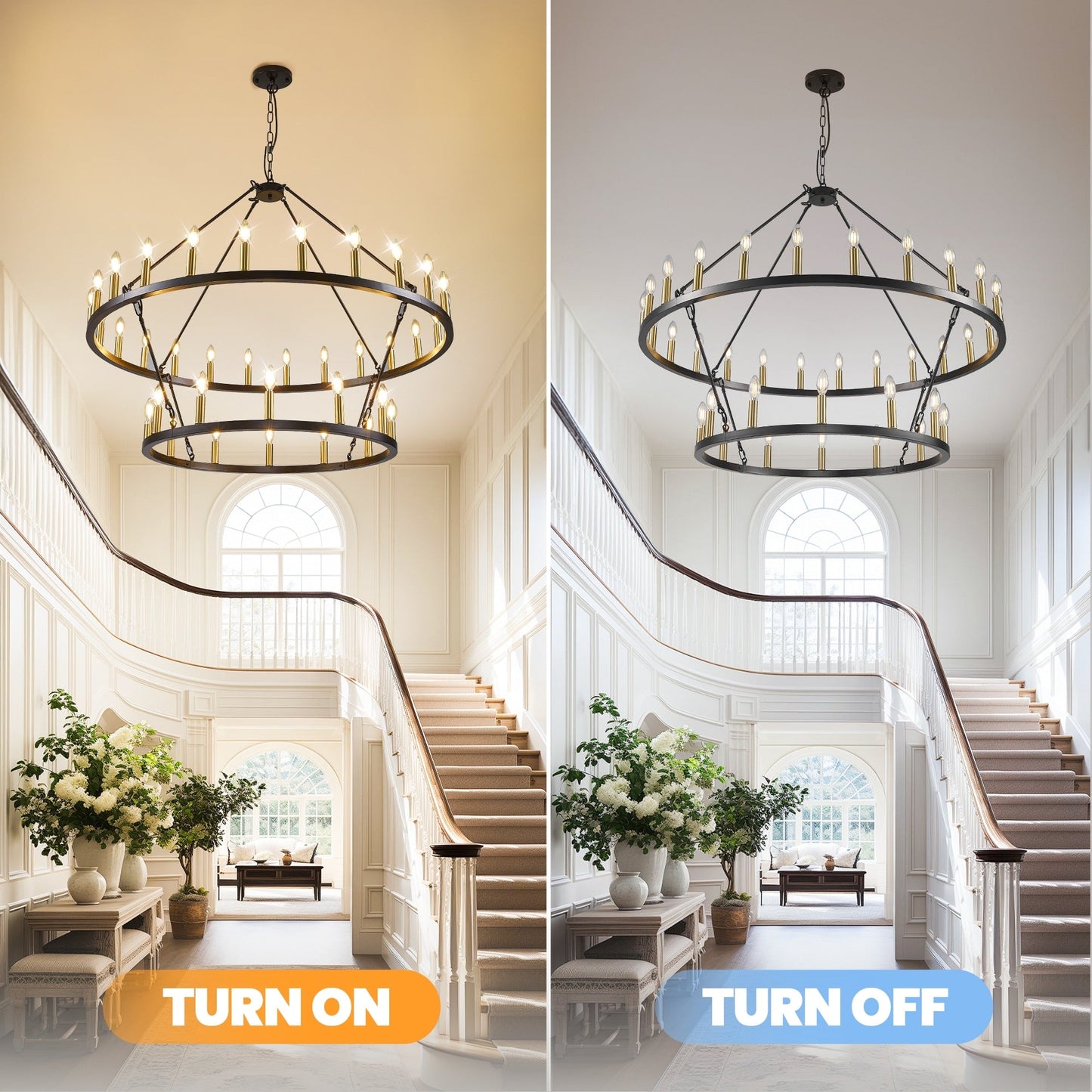 Modern Farmhouse Chandelier 2 Tier Round Wagon Wheel Chandelier Large High Ceiling Light.