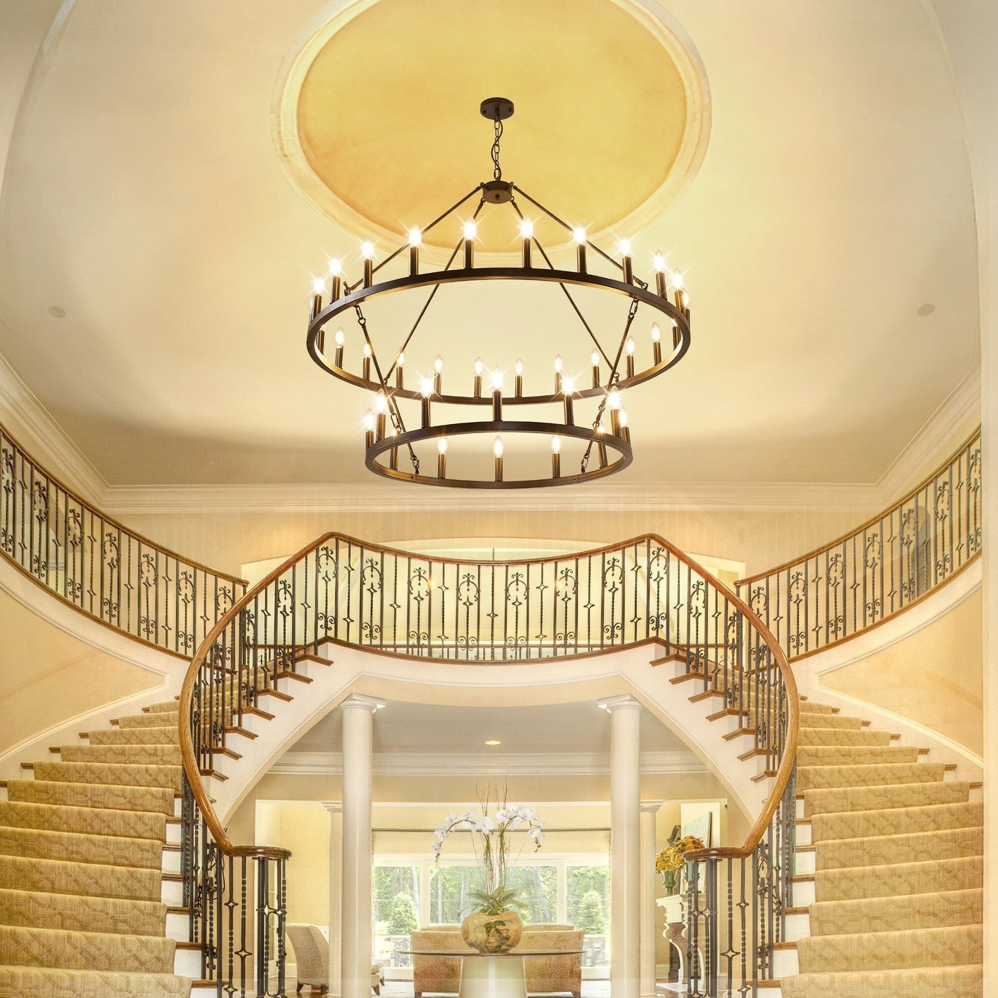 Modern Farmhouse Chandelier 2 Tier Round Wagon Wheel Chandelier Large High Ceiling Light.